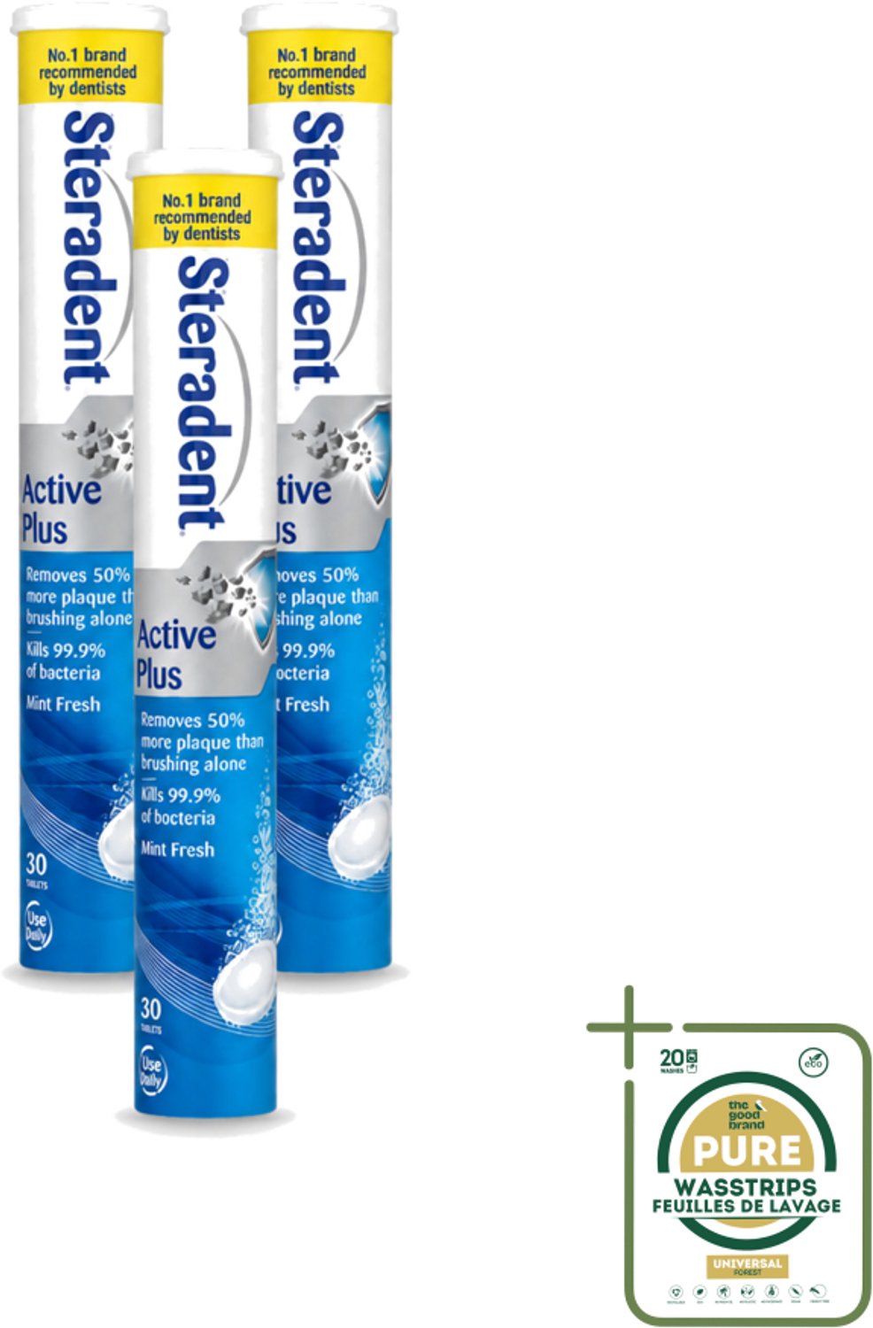 3 x Steradent - Reinigingstabletten - Active Plus - Tegen Tandsteen & Bacteriën - 30 Tabletten - Wasstrips - Kunstgebit Reinigen - Tandsteen Verwijderen - Bacteriën Doden - Mondhygiëne - Adem Verfrissen