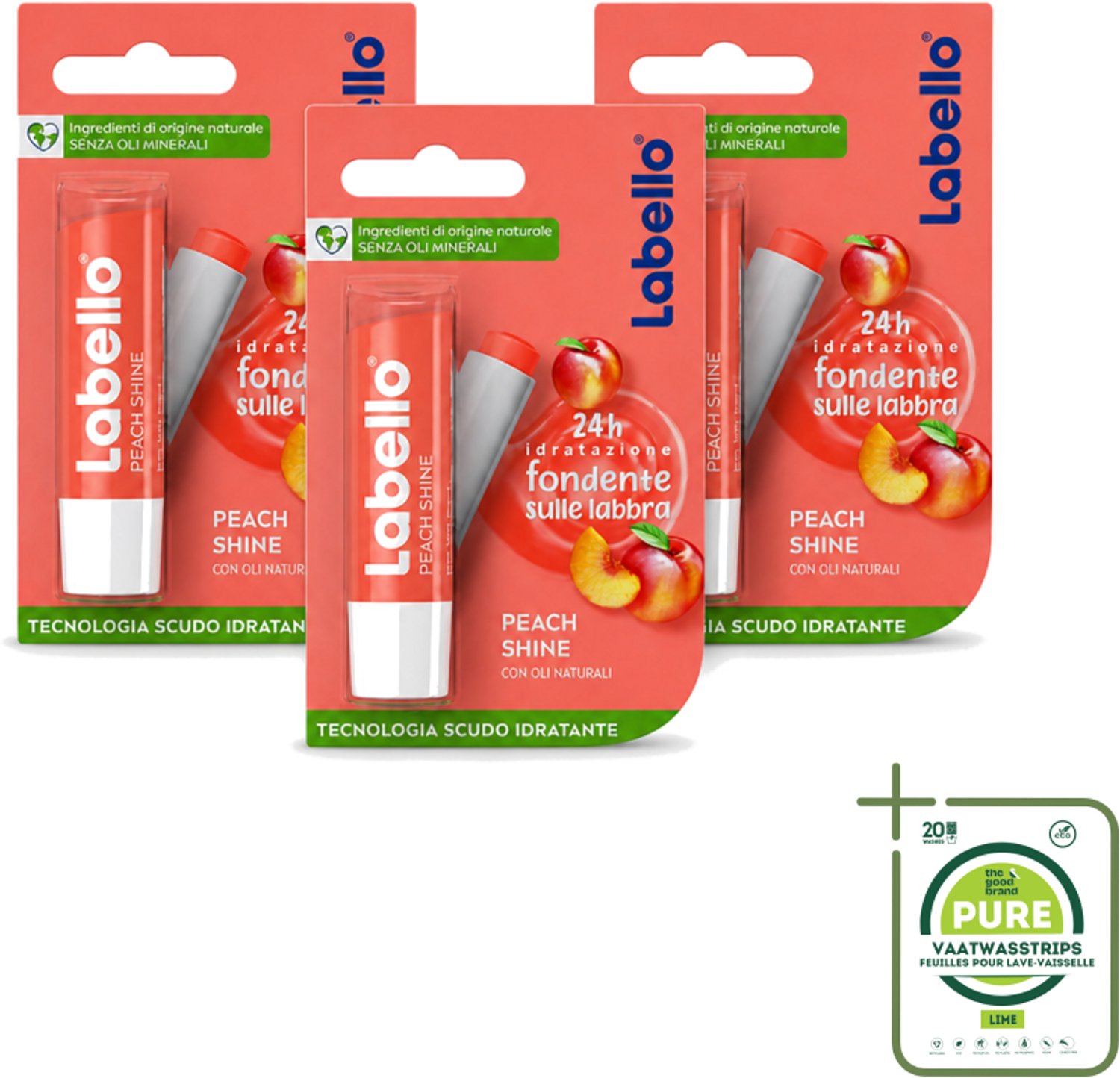 3 x Labello – Lippenbalsem – Fruity Peach Shine – Vegan - Grootverpakking - Vaatwasstrips - Lippenbalsem - Vegan Lippenbalsem - Perzikaroma - Glans Lippen - Natuurlijke Lippenbalsem