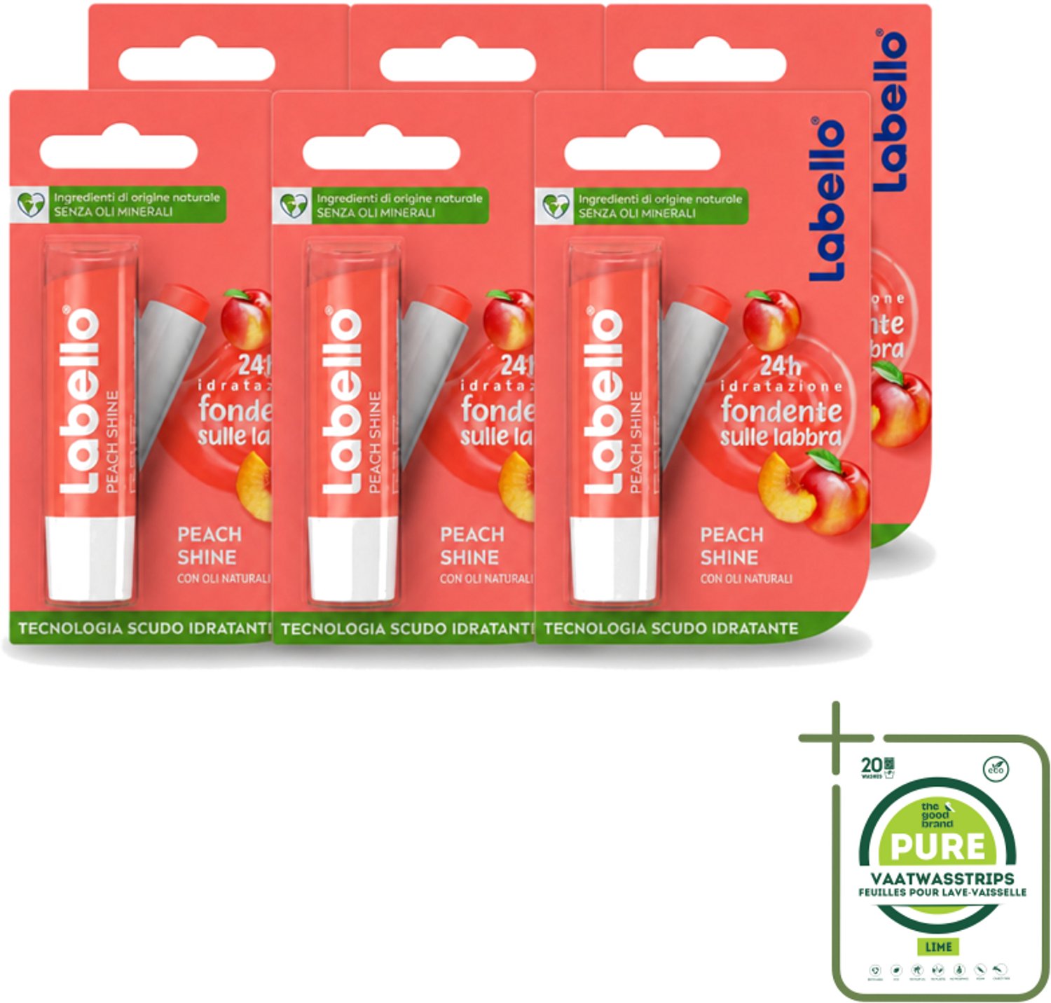 6 x Labello – Lippenbalsem – Fruity Peach Shine – Vegan - Grootverpakking - Vaatwasstrips - Lippenbalsem - Vegan Lippenbalsem - Perzikaroma - Glans Lippen - Natuurlijke Lippenbalsem