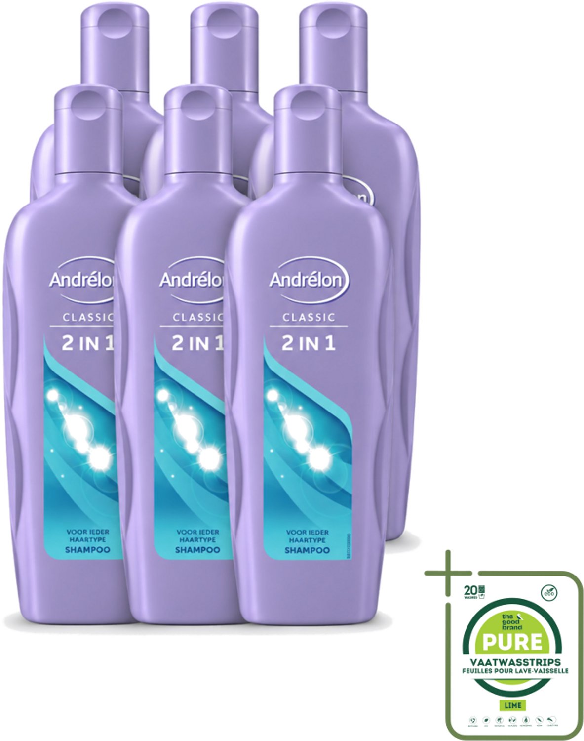 6 x Andrélon – Shampoo – 2-in-1 – 450 ml - Grootverpakking - Vaatwasstrips - Shampoo 2 In 1 - Haar Reinigen - Haar Verzorgen - Zacht Haar - Soepel Haar