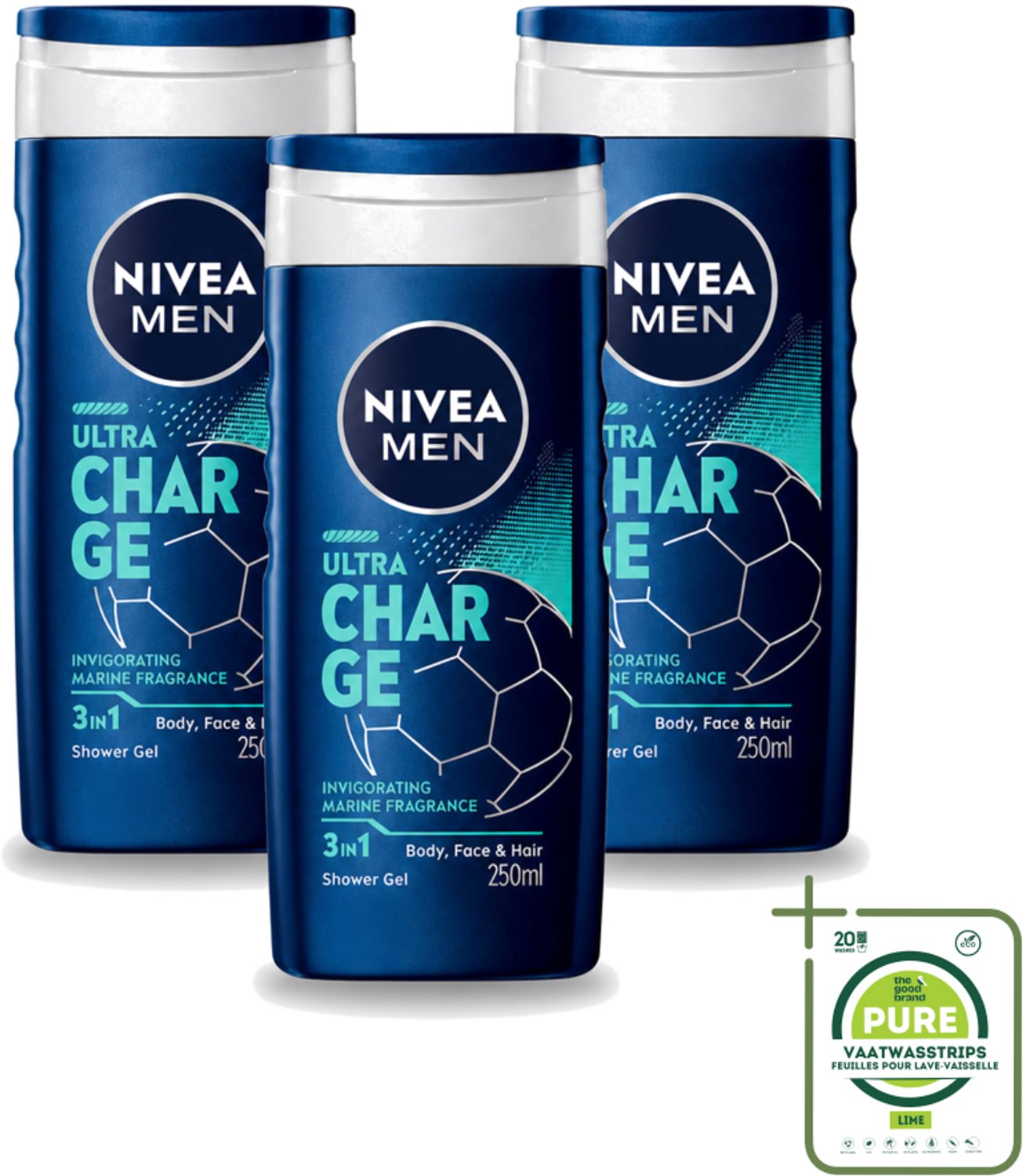 3 x Nivea Men – Douchegel – Ultra Charge – 250 ml - Grootverpakking - Vaatwasstrips - Douchegel Voor Mannen - Verzorging Van Huid - Citrusgeur - Houtachtige Geur - 3-in-1 Douchegel