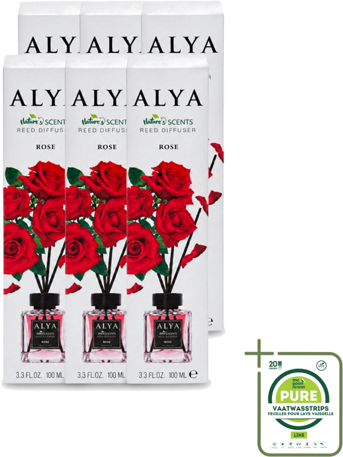 6 x Alya – Geurdiffuser – Rose – Interieurparfum - Grootverpakking - Vaatwasstrips - Geurstokjes - Geur - Geurverspreiding - Geur Olie - Geur Sfeer