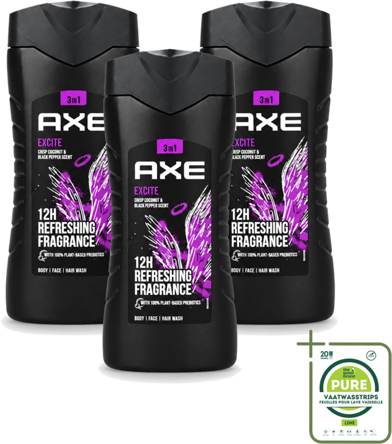 3 x Axe – Douchegel – Excite - 250 ml - Grootverpakking - Vaatwasstrips - Douchegel - Zwarte Peper - Kokosnoot - Mannelijke Geur - Fris Gevoel