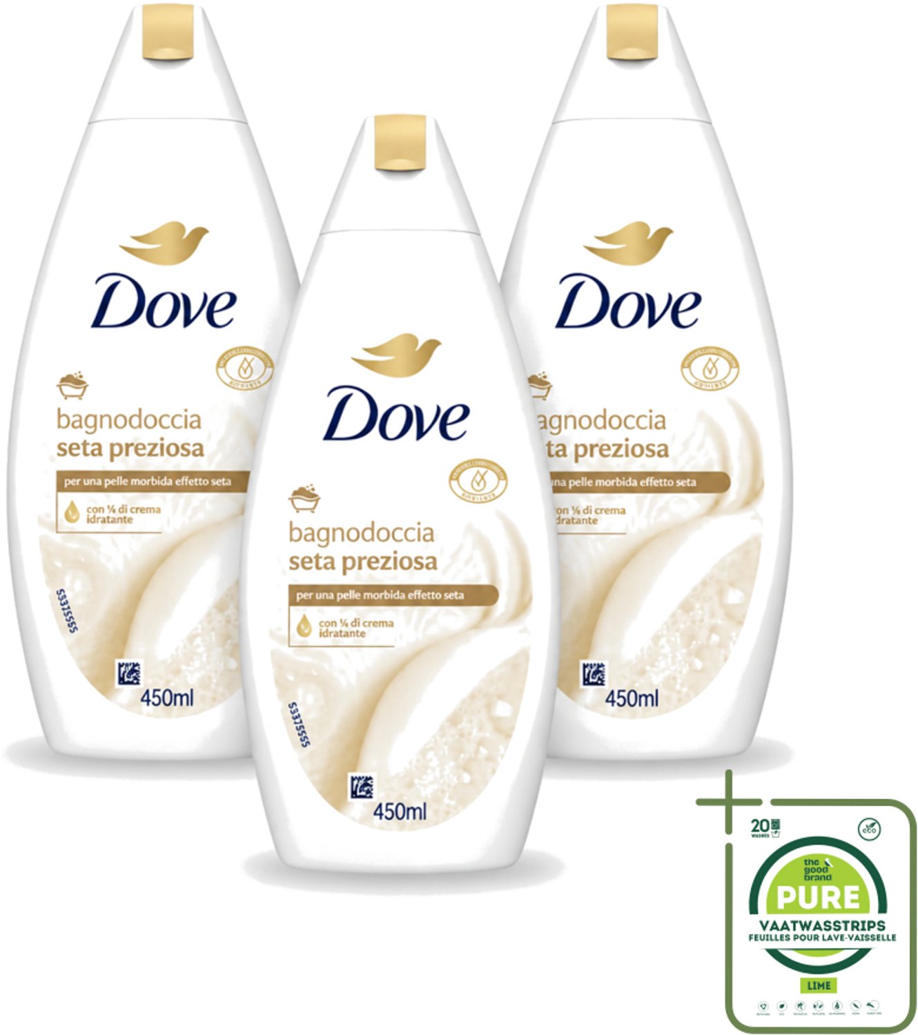 3 x Dove – Douchegel – Nourishing Silk – 450 ml - Grootverpakking - Vaatwasstrips - Douchegel Zijdezacht - Huid Verzorging - Schuim Douchegel - Mild Reinigen - Huid Comfortabel