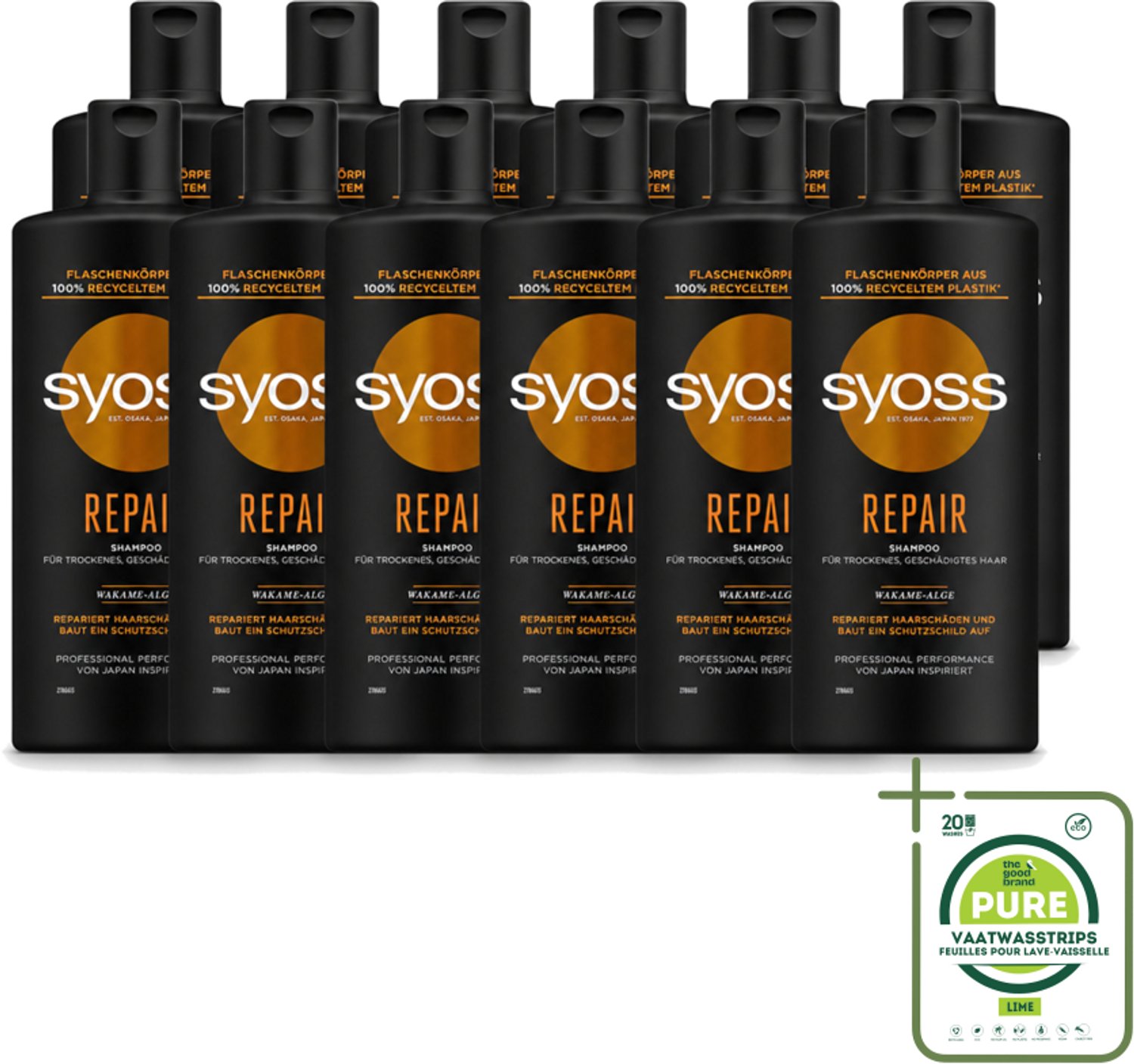 12 x Syoss Repair Shampoo - Shampoo - Herstel - 440 ml - Grootverpakking - Vaatwasstrips - Herstel Haar - Beschadigd Haar - Haar Herstellen - Haar Verzorgen - Haar Versterken