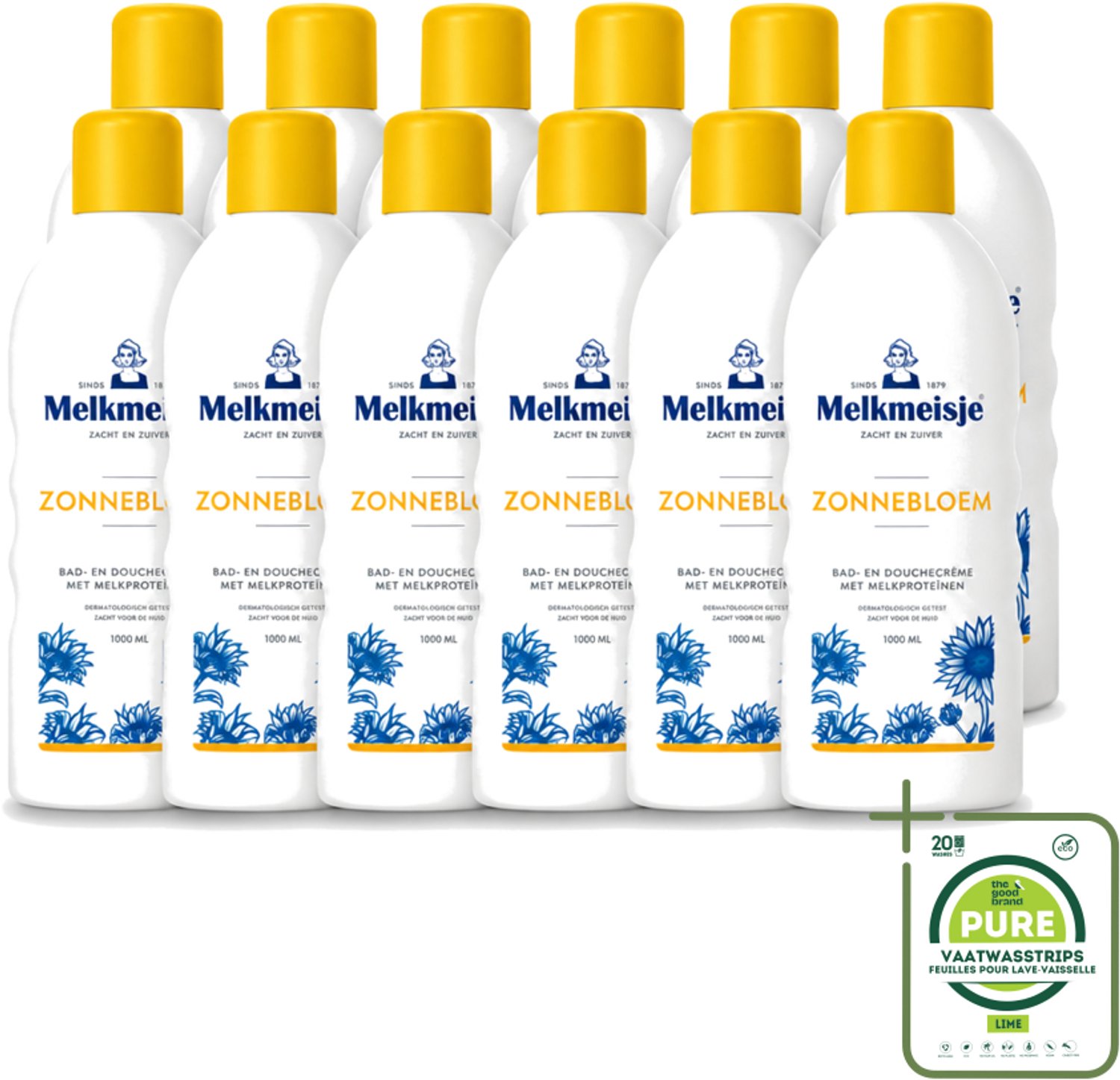 12 x Melkmeisje - Bad & Douche Zonnebloem - Romig Parfum - 1000 ml - Grootverpakking - Vaatwasstrips - Douchecrème - Melkmeisje - Zonnebloem - Huidverzorging - Melkproteïnen