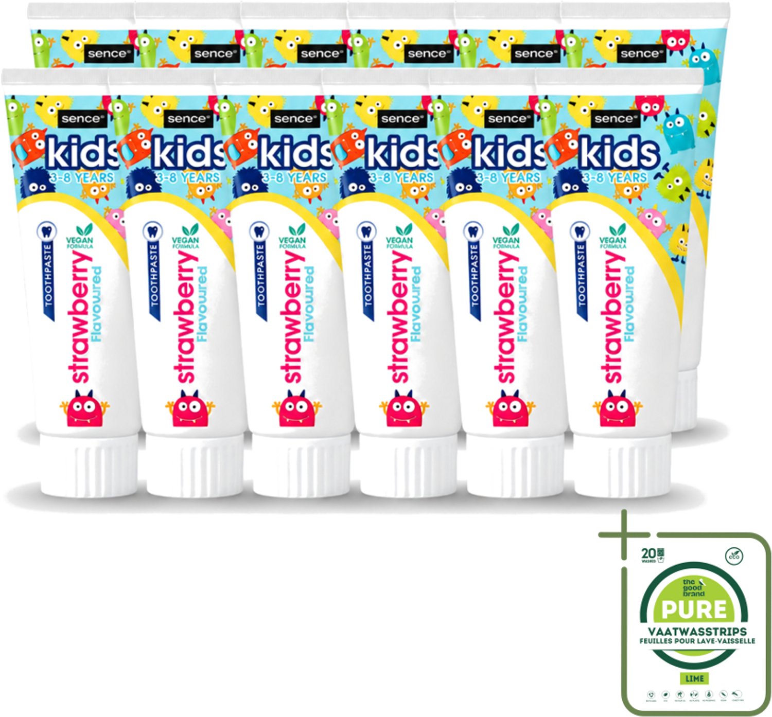 12 x Sence - Kids 3-8 Jaar - Tandpasta - Aardbei Smaak - Vegan - 75 ml - Grootverpakking - Vaatwasstrips - Tandpasta Voor Kinderen - Kindertandpasta - Aardbei Tandpasta - Vegan Tandpasta - Tandenpoetsen Voor Kinderen