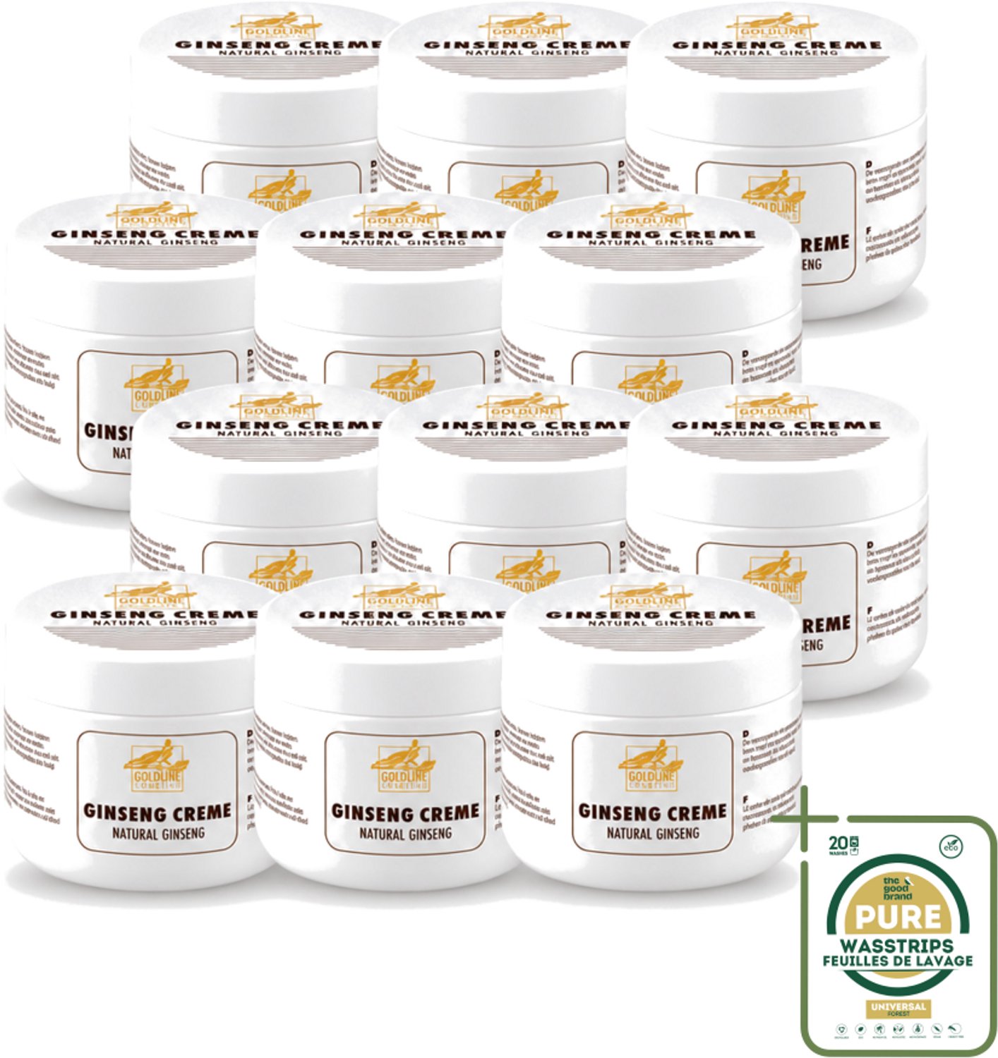 12 x Goldline - Bodycrème - Natural Ginseng - Verzorgend & Versterkend - 250 ml - Wasstrips - Ginseng Bodycrème - Huidverzorging - Natuurlijke Huidcrème - Huidversterking - Hydratatie