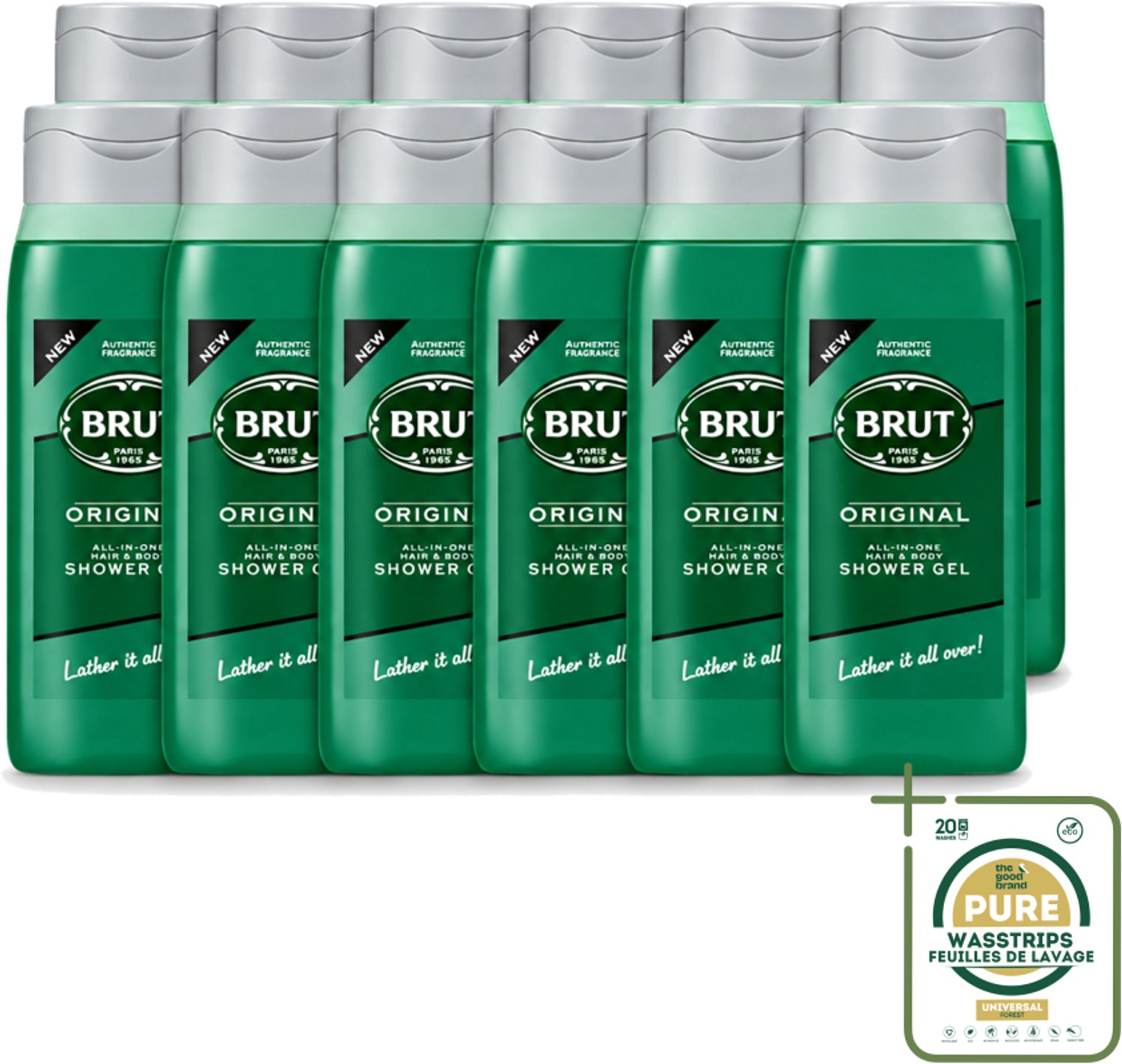 12 x Brut - Douchemiddel - All in One Haar en Body - Original - Verzorgend & Verfrissend - 500ml - Wasstrips - Douchegel Haar En Lichaam - All In One Douchegel - Brut Original - Verzorgende Douchegel - Frisse Douchegel