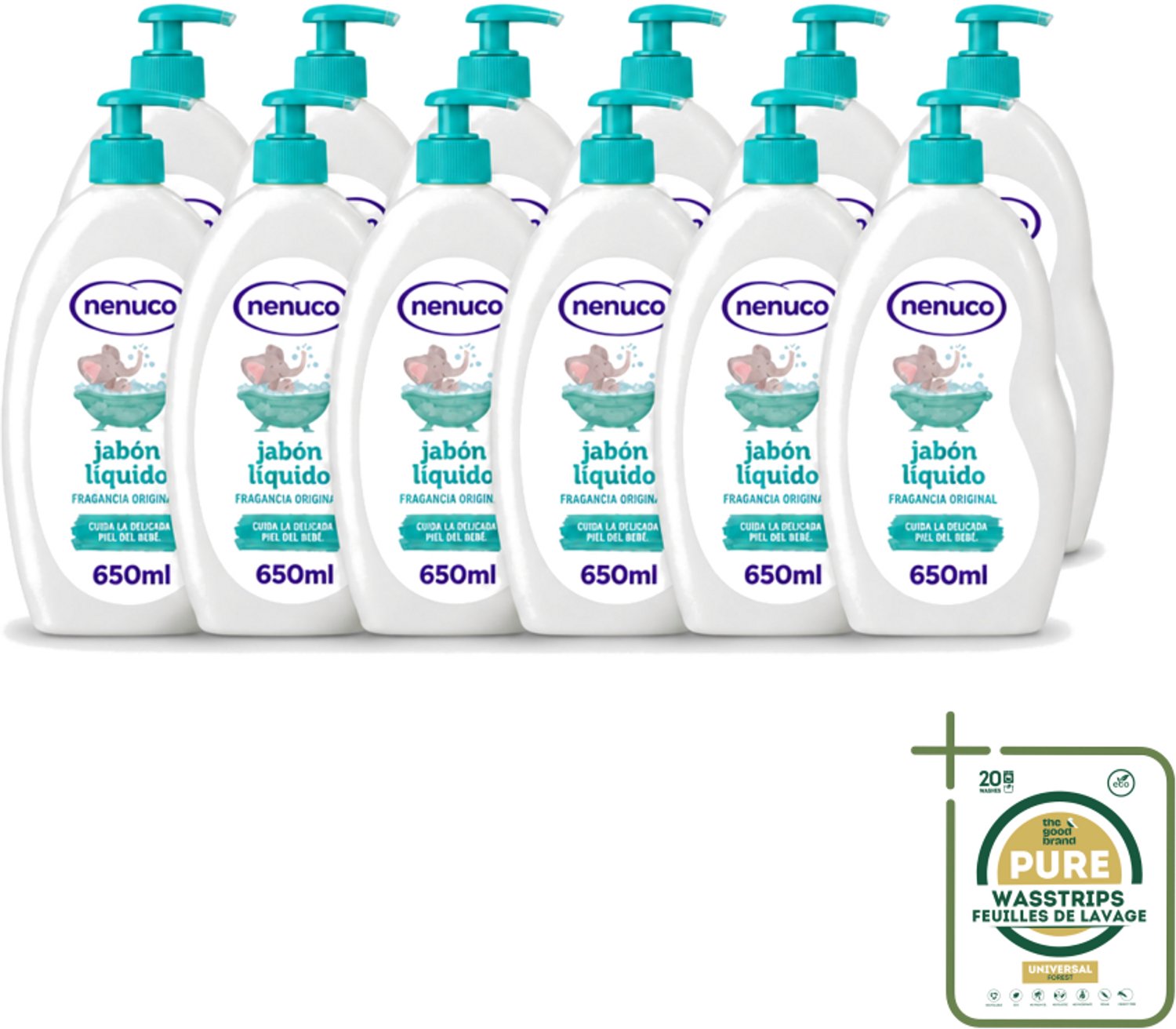 12 x Nenuco - Jabon Líquido - Vloeibare Zeep - Originele Geur - Met Doseerpomp - 650 ml - Wasstrips - Vloeibare Zeep - Handzeep - Douchegel - Badzeep - Baby Zeep