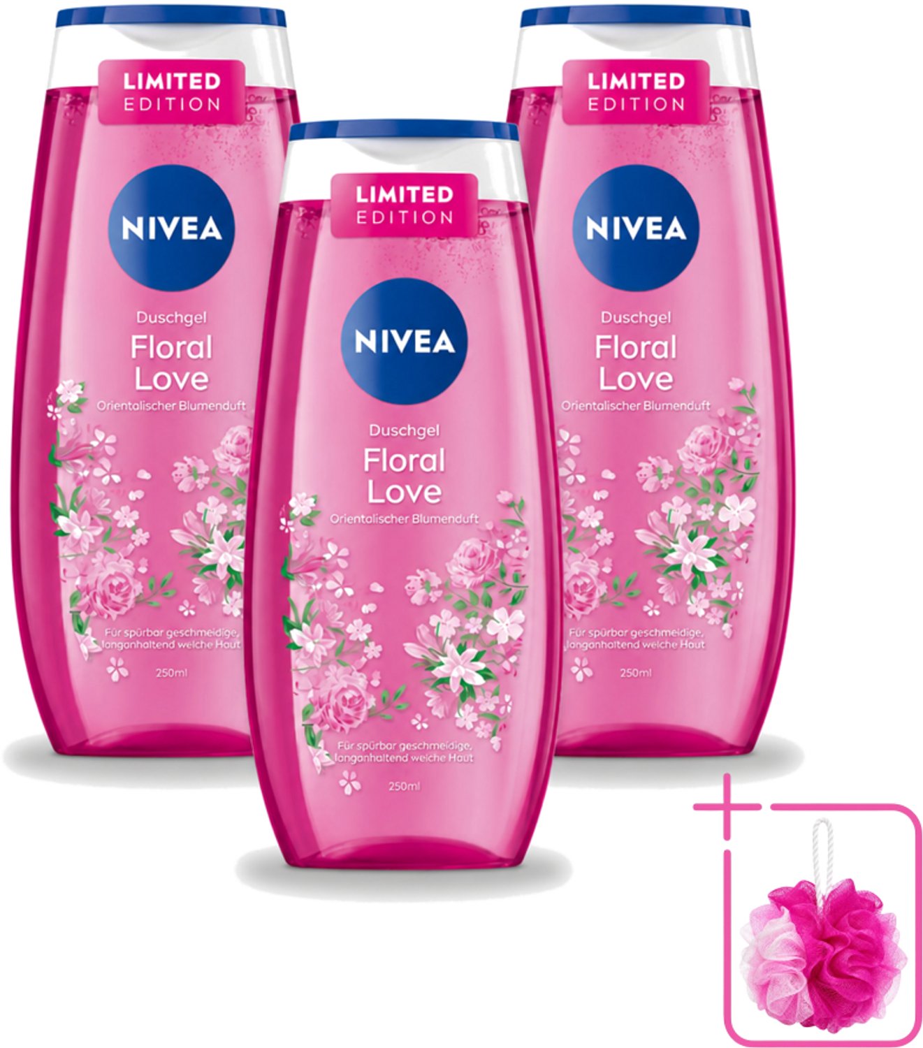 3 x Nivea – Douchegel – Floral Love – 250 ml - Bulkverpakking - Douchegel - Douchemop - Bloemige geur