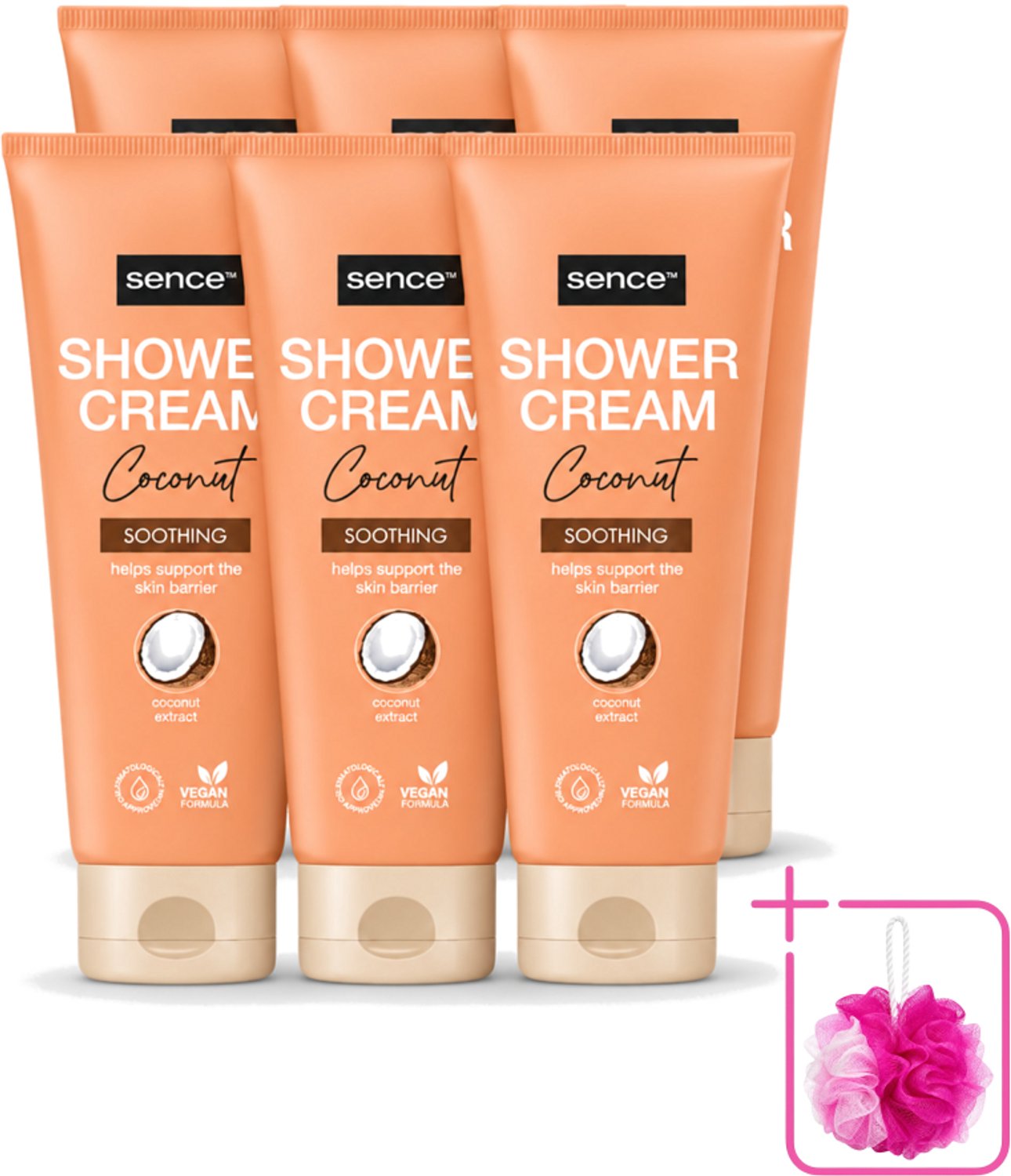 6 x Sence - Coconut - Douchecrème - Verzorgend - 200 ml - Bulkverpakking - Douchecrème kokos - Douchemop - Kokos geur