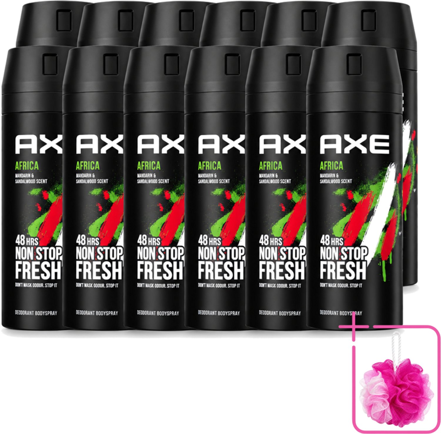 12 x Axe - Deodorant Bodyspray - 48hrs Non Stop Fresh - Africa - Mandarin & Sandalwood - 150 ml - Bulkverpakking - Deodorant sprayer - Douchemop - Geurbeheersing