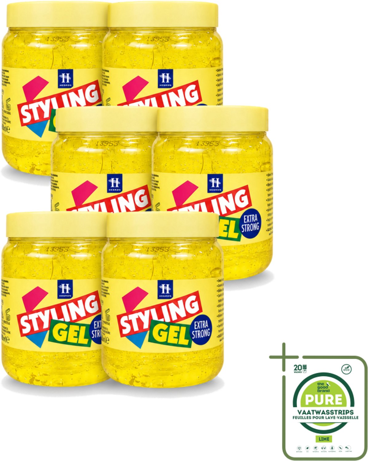 6 x Hegron - Styling Haargel - Extra Strong - Voor Sterke Fixatie - 500 ml - Grootverpakking - Vaatwasstrips - Haarkleur - Haartype - Stylinggel - Haartypen - Haartypen