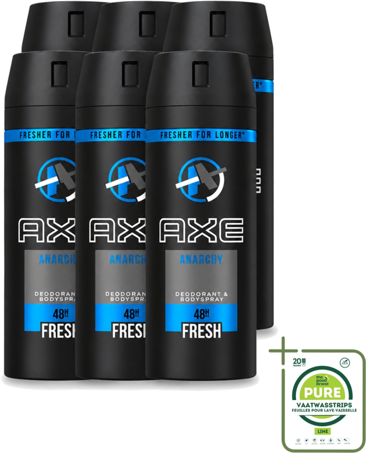 6 x Axe - Deodorant Bodyspray - 48hrs Fresh - Anarchy for Him - 150 ml - Grootverpakking - Vaatwasstrips - Deodorant - Bodyspray - Axe - Geur - Man