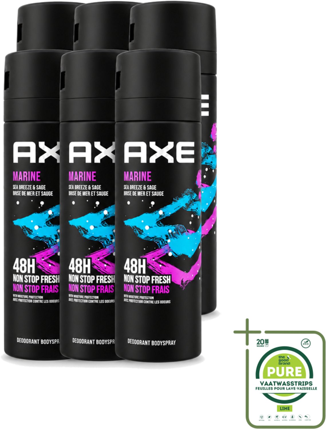 6 x Axe - Deodorant Bodyspray - 100% Fresh Fragrance - Marine - Sea Breeze & Sage - 150 ml - Grootverpakking - Vaatwasstrips - Deodorant - Bodyspray - Geur - Zeebries - Salie