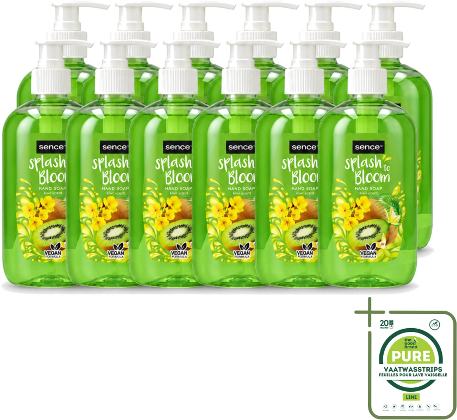 12 x Sence – Handzeep – Splash To Bloom Kiwi – 500 ml - Grootverpakking - Vaatwasstrips - Handzeep - Handen Reinigen - Handen Hydrateren - Kiwi Geur - Natuurlijke Handzeep