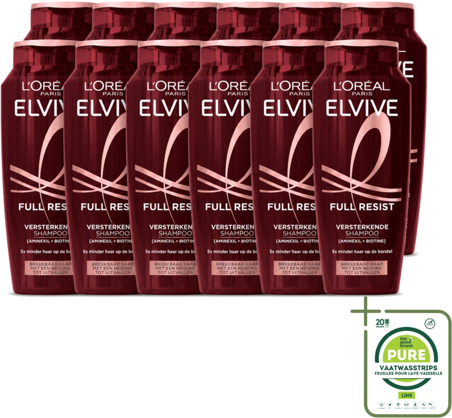 12 x L’Oréal Paris Elvive – Shampoo – Full Resist – Versterkend met Aminexil & Biotine – 250 ml - Grootverpakking - Vaatwasstrips - Haarbreuk - Versterkend Haar - Kwetsbaar Haar - Breekbaar Haar - Aminexil