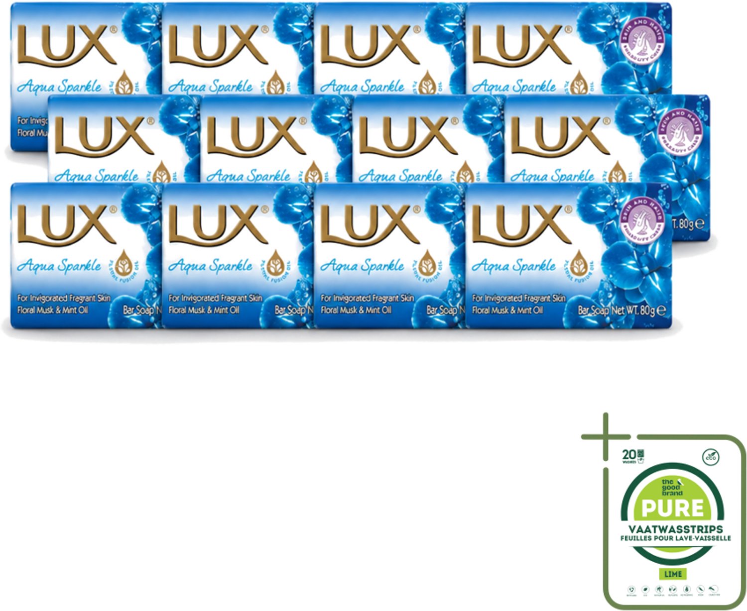12 x Lux – Bar Soap – Aqua Sparkle – 80 g - Grootverpakking - Vaatwasstrips - Zeeptablet Aqua Sparkle - Reiniging - Huid Verzorging - Frisse Geur - Zachte Reiniging