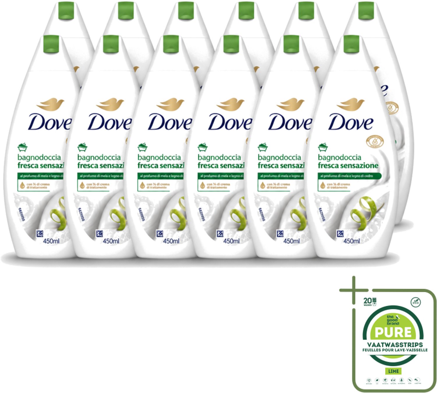 12 x Dove – Douchegel – Fresh Sensation – 450 ml - Grootverpakking - Vaatwasstrips - Douchegel - Fris Gevoel - Mild Reinigen - Huid Verzorgen - Schuim