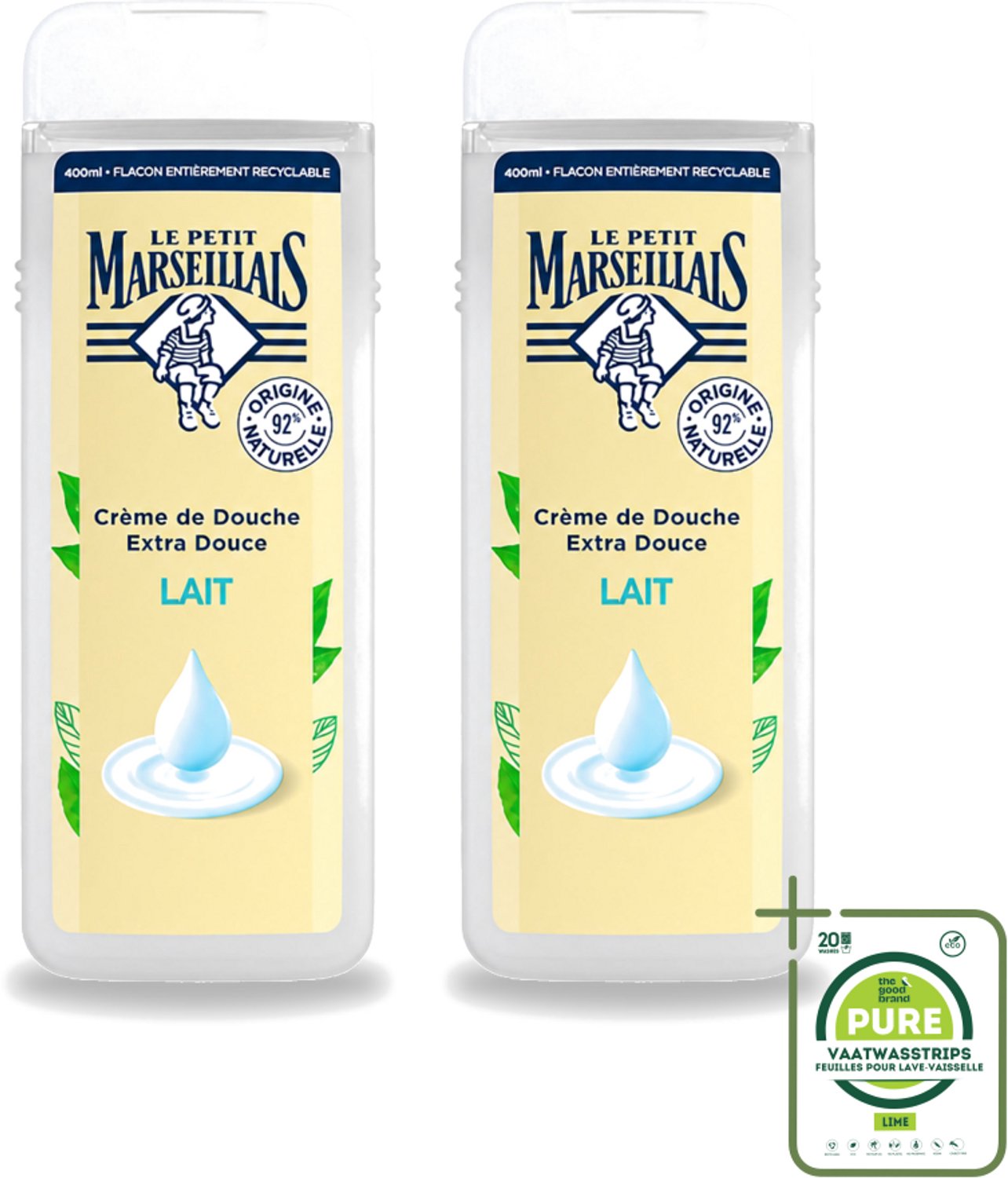 2 x Le Petit Marseillais – Douchecrème – Lait – 400 ml - Grootverpakking - Vaatwasstrips - Douchecrème - Huid Verzorging - Hydraterende Douchecrème - Zachte Huid - Natuurlijke Douchecrème