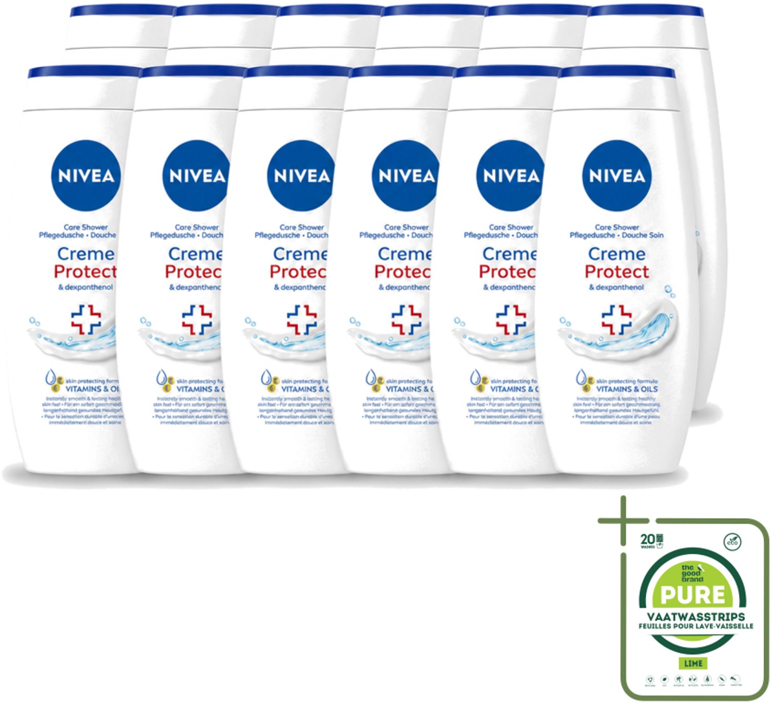 12 x Nivea – Douchecrème – Protect – 250 ml - Grootverpakking - Vaatwasstrips - Douchecrème - Huidverzorging - Huidbescherming - Vitamine C - Vitamine E