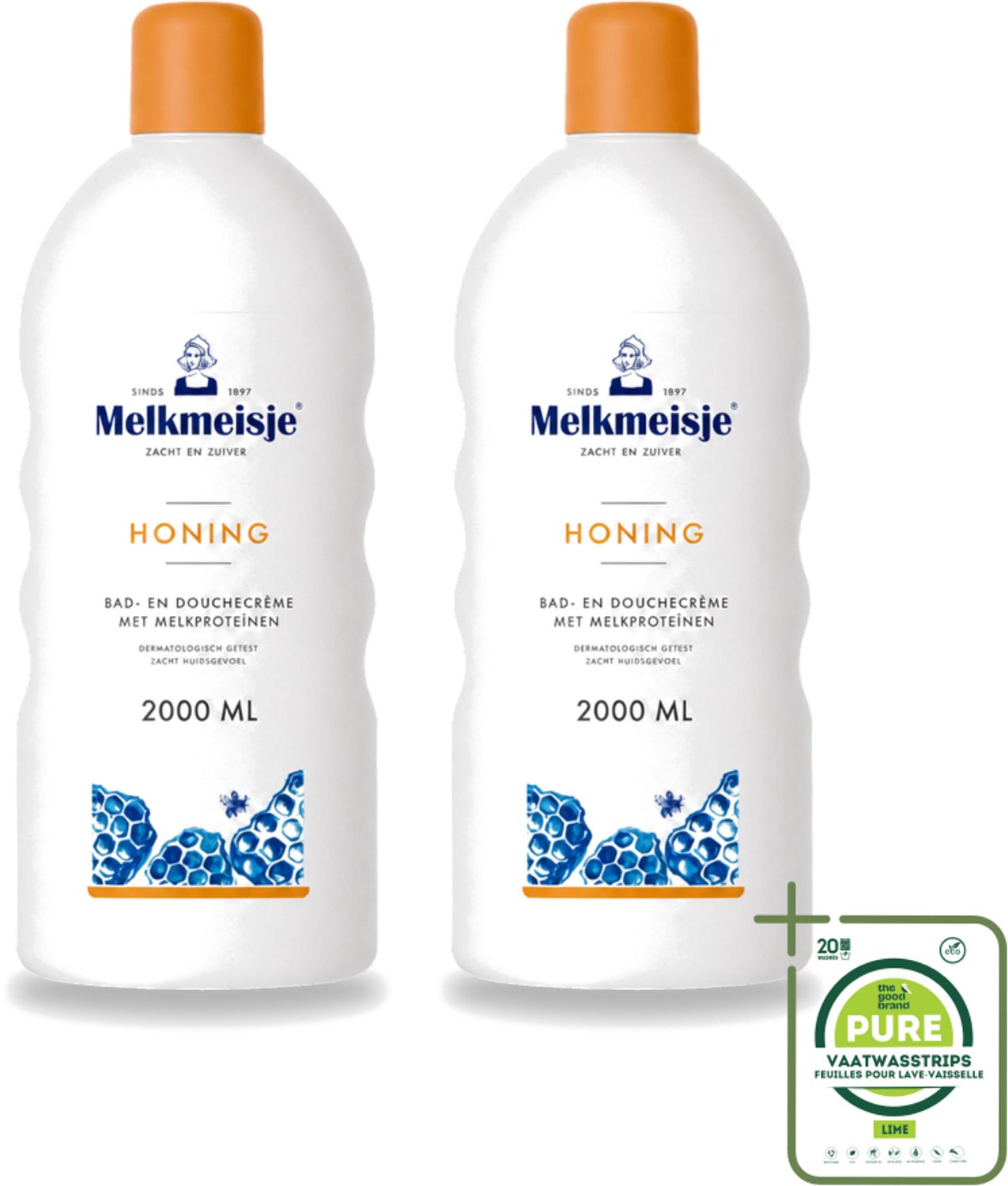 2 x Melkmeisje – Bad & Douche – Honing – 2000 ml - Grootverpakking - Vaatwasstrips - Melkmeisje Bad En Douche - Bad En Douche Crème - Melkproteïnen - Honing - Huid Verzorging