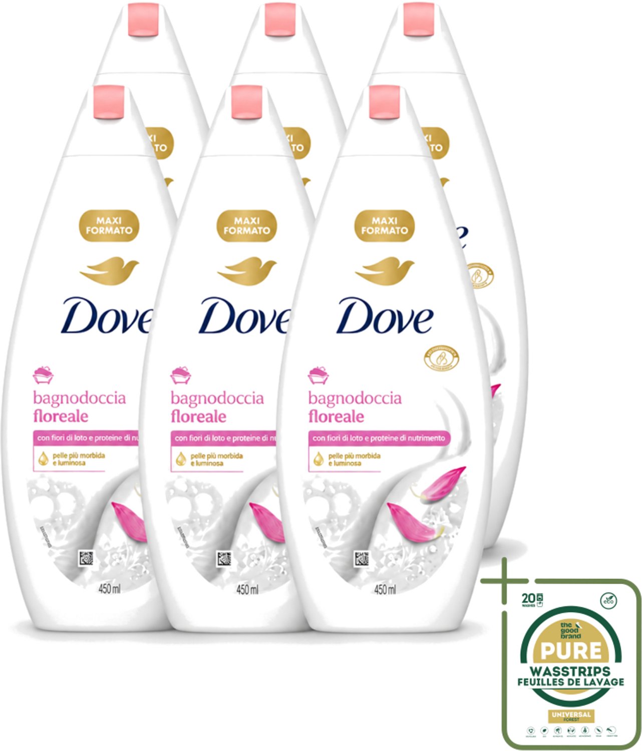 6 x Dove – Douchegel – Lotus Bloem – 450 ml - Wasstrips - Douchegel Lotus Bloem - Mild Reinigen - Huid Verzorgen - Hydraterende Douchegel - Lotusbloemextract