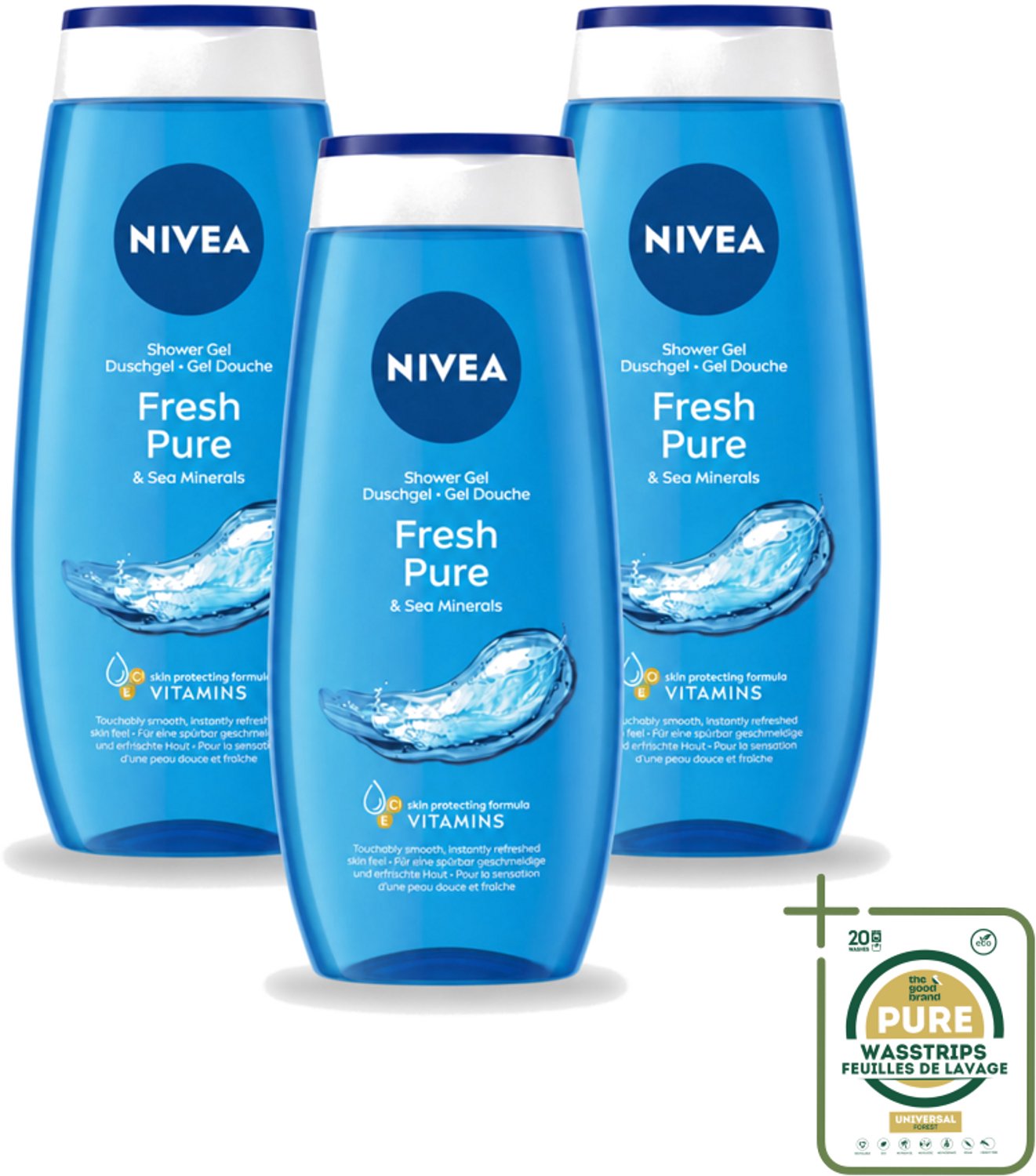 3 x Nivea – Douchegel – Fresh Pure – 250 ml - Wasstrips - Douchegel - Huidverzorging - Frisheid - Vitamine C - Vitamine E