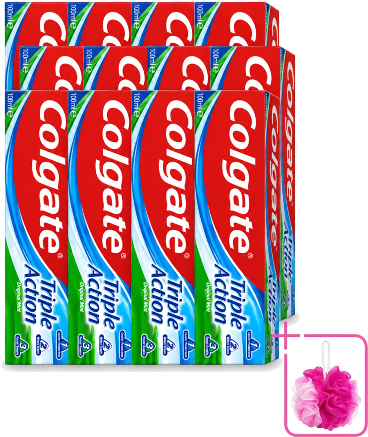 12 x Colgate - Triple Action - Original Mint - Tandpasta - 100ml - Bulkverpakking - Tandpasta - Douchemop - Gaatjesbescherming