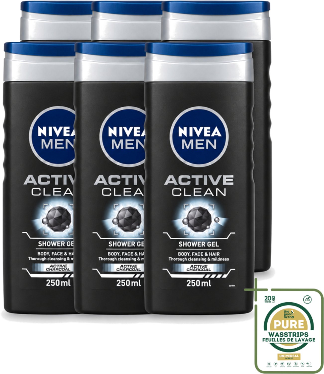 6 x Nivea Men – Douchegel – Active Clean – 250 ml - Wasstrips - Douchegel Mannen - Actieve Houtskool - Reiniging Huid - Vuil Verwijderen - Talg Verwijderen