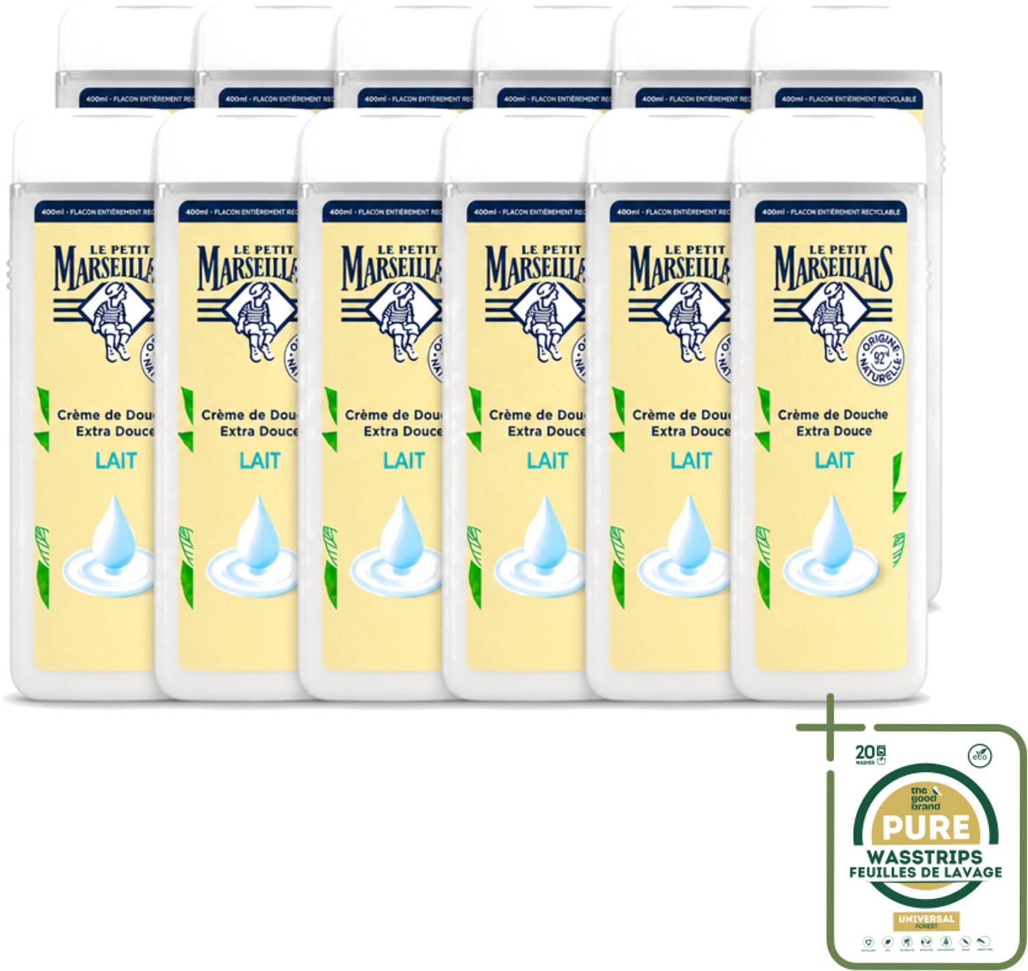 12 x Le Petit Marseillais – Douchecrème – Lait – 400 ml - Wasstrips - Douchecrème - Lait Douchecrème - Hydraterende Douchecrème - Zachte Douchecrème - Natuurlijke Douchecrème
