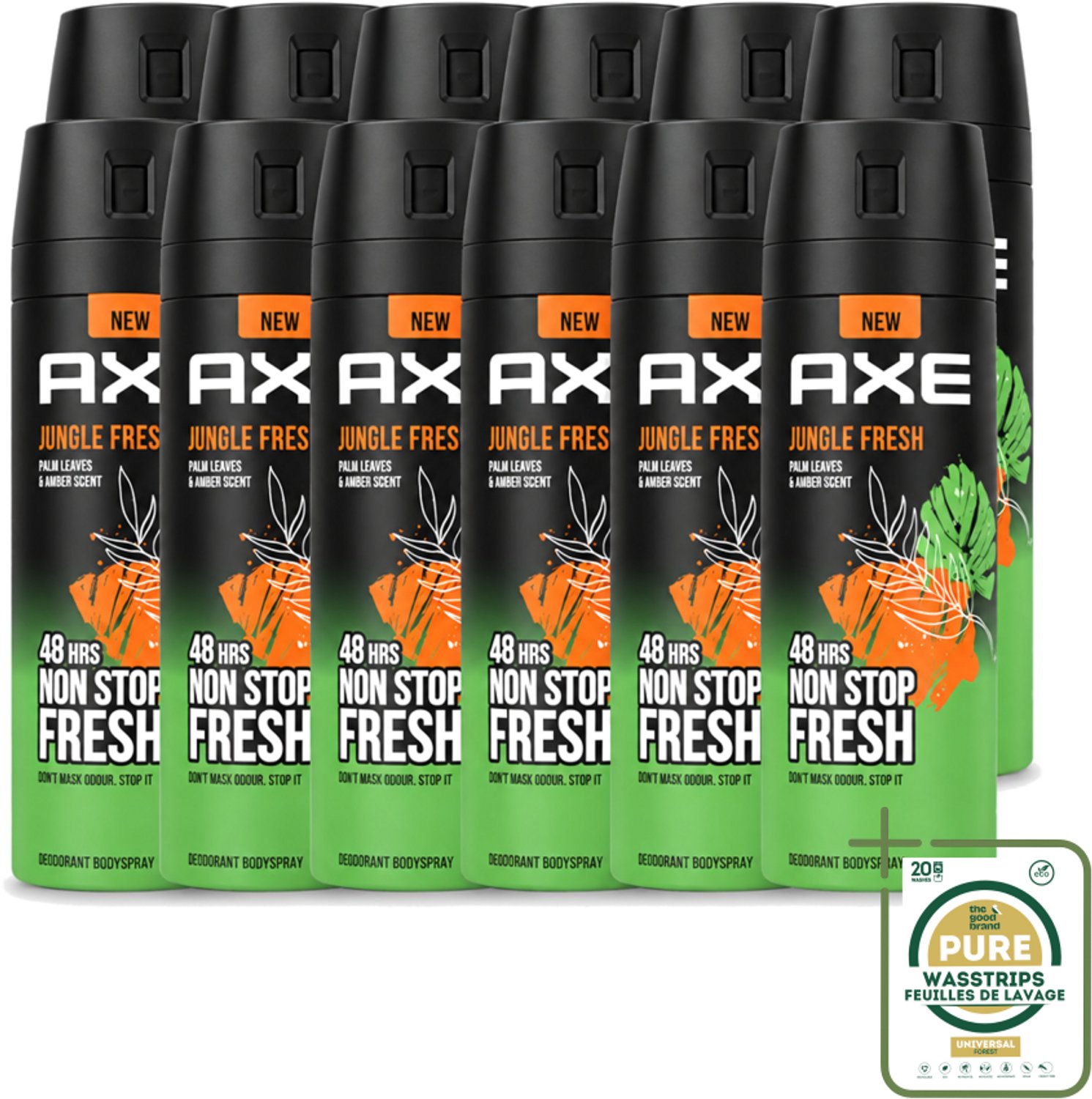 12 x Axe – Deodorant Bodyspray – Jungle Fresh – 150 ml - Wasstrips - Deodorant Bodyspray - Frisse Geur - 48 Uur Frisheid - Zinktechnologie - Palmbladeren Geur