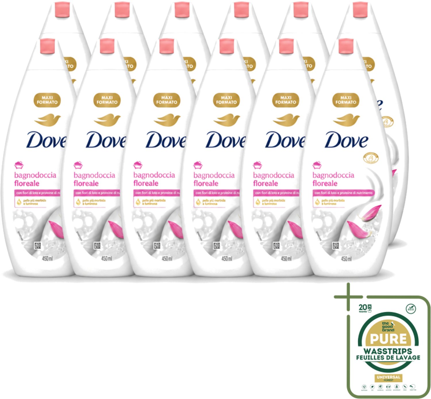 12 x Dove – Douchegel – Lotus Bloem – 450 ml - Wasstrips - Douchegel Lotus Bloem - Mild Reinigen - Huid Verzorgen - Hydraterende Douchegel - Lotusbloemextract
