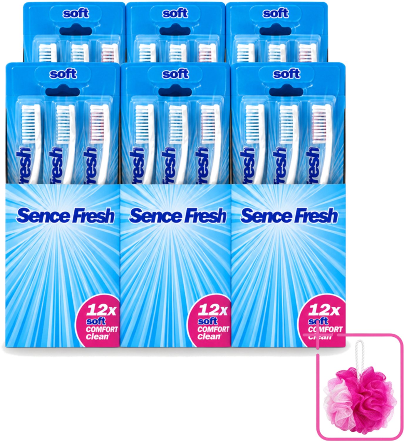6 x Sence - Tandenborstels - Fresh Soft Comfort Clean - 12 Tandenborstels - Bulkverpakking - Tandenborstel - Douchemop - Zachte tandenborstel