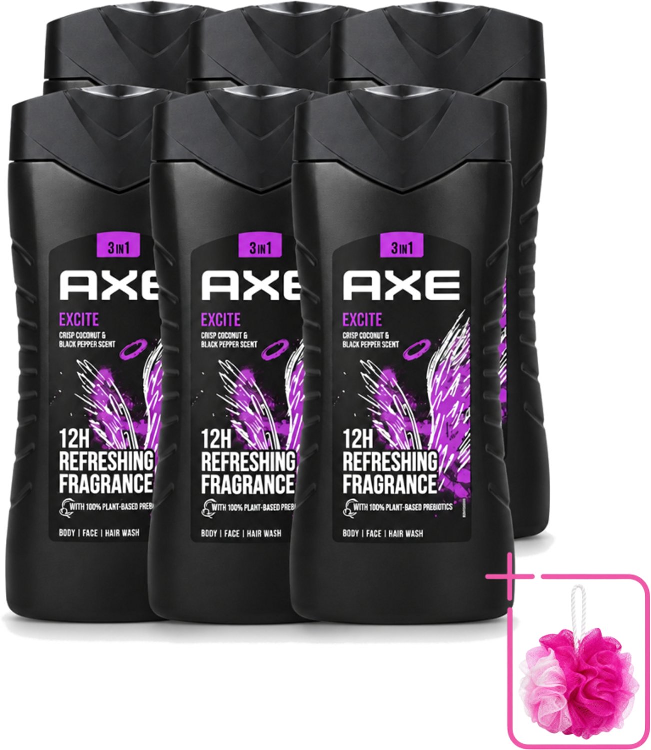 6 x Axe – Douchegel – Excite - 250 ml - Bulkverpakking - Douchegel - Douchemop - Zwarte peper