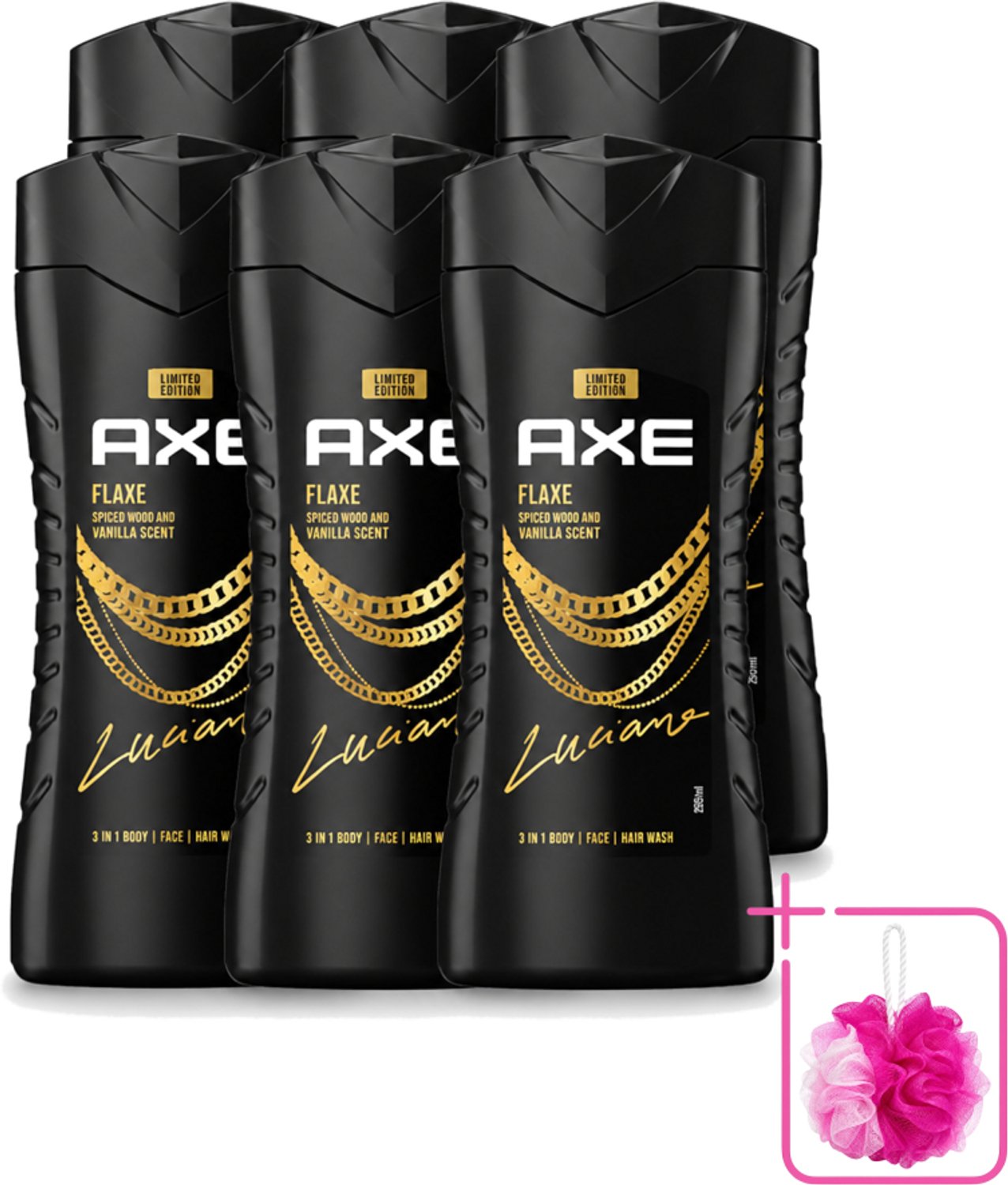 6 x Axe – Douchegel – Flaxe – 250 ml - Bulkverpakking - Douchegel voor mannen - Douchemop - Frisse geur