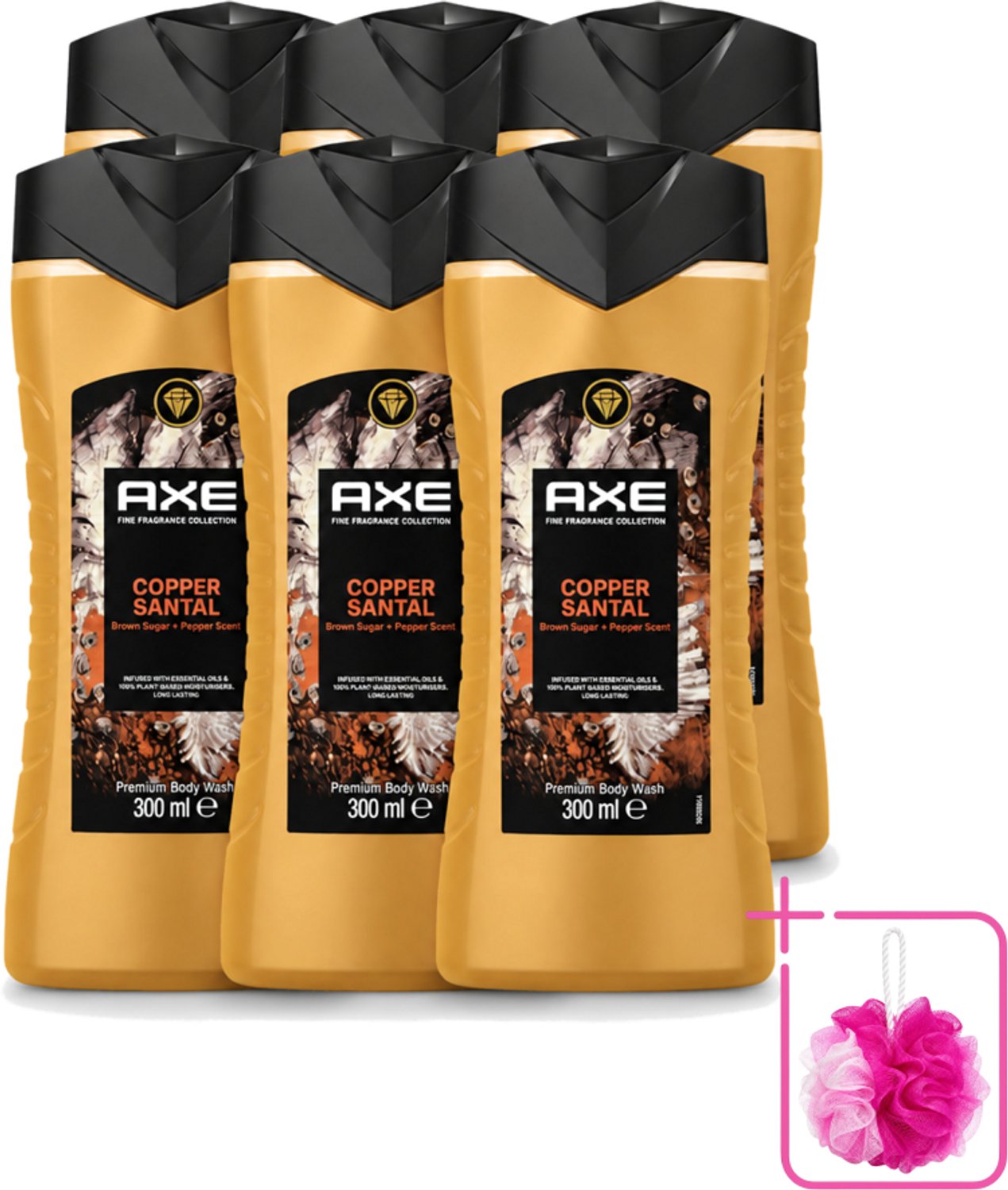 6 x Axe – Douchegel – Copper Santal – 300 ml - Bulkverpakking - Douchegel - Douchemop - Koper