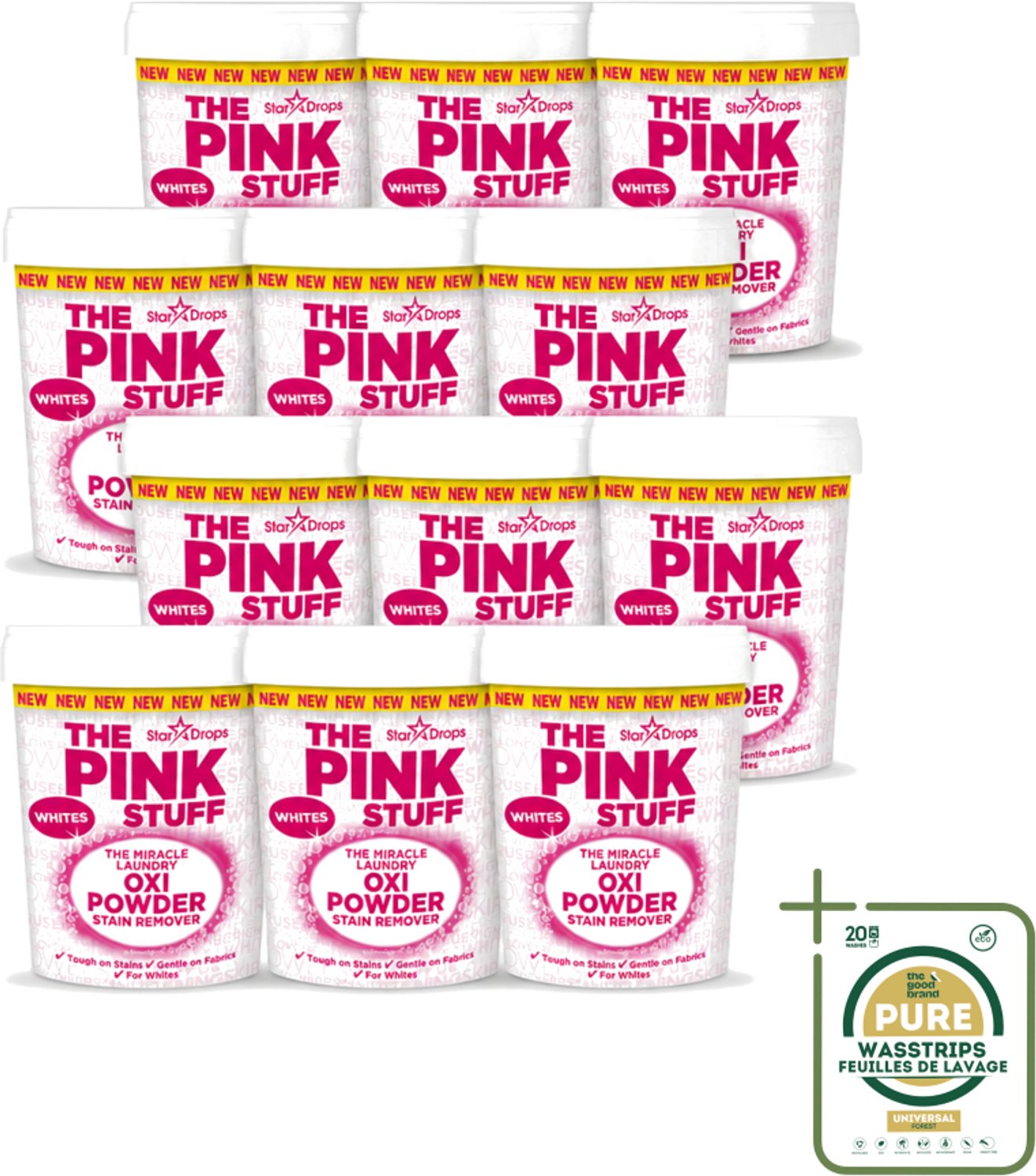 12 x The Pink Stuff - Vlekverwijderaar - Voor Witte Was - 1kg - Wasstrips - Vlekverwijderaar - Witte Was - Vlekkenverwijderaar - Voorwasmiddel - Wasmiddel