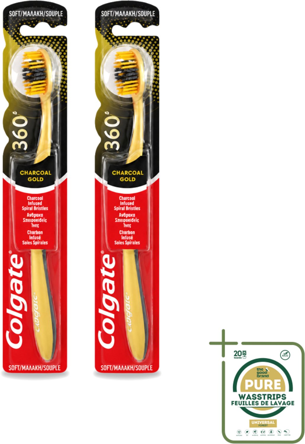 2 x Colgate - Tandenborstel - 360 Charcoal Gold Soft - Zwart/Goud - 1 Tandenborstel - Tandenborstel - Houtskool - Tanden Reinigen - Tanden Witter Maken - Tandenborstel Zacht