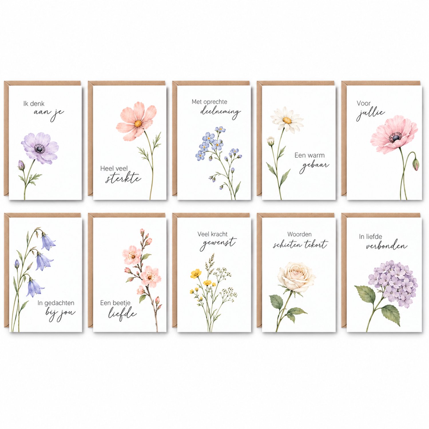 Cards & Crafts 10 Luxe Condoleancekaarten met Natuurlijke Aquarelillustraties – Sterkte en Deelneming – 12x17 cm – 300 g/m² – Inclusief Kraft Enveloppen