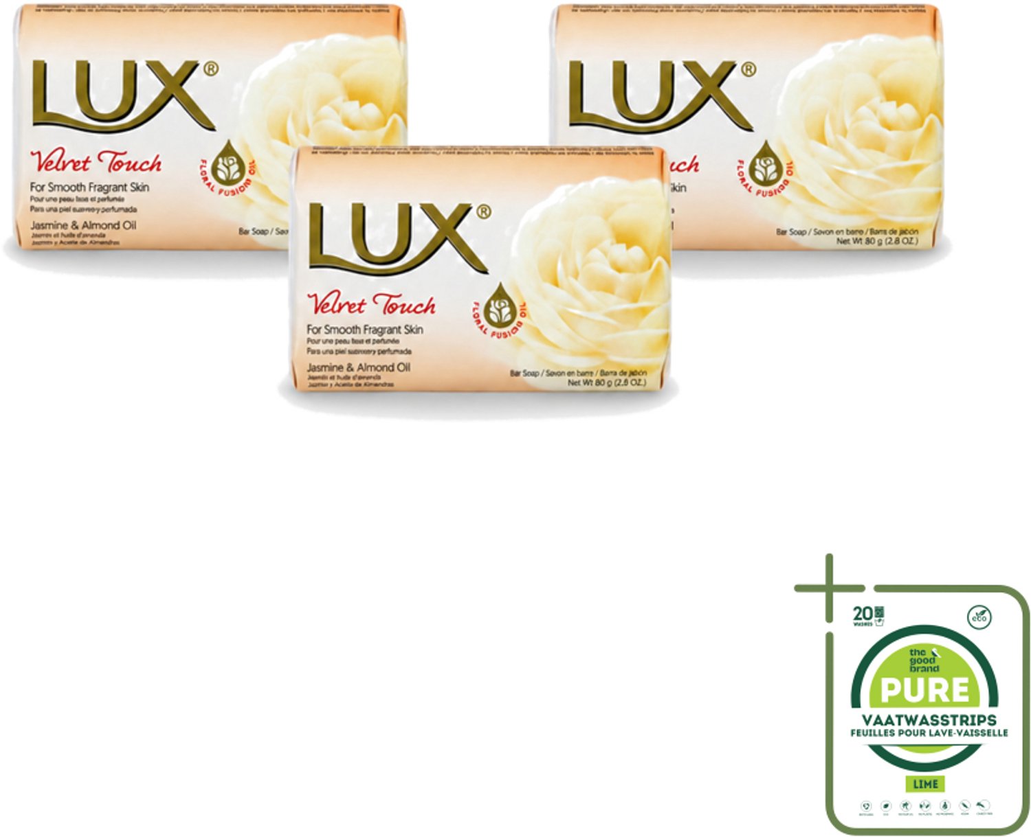 3 x Lux - Zeep - Velvet Touch - Hydraterend - Voor Geurige Huid - 80 g - Grootverpakking - Vaatwasstrips - Luxueuze Zeep - Zijdezachte Zeep - Hydraterende Zeep - Geurende Zeep - Huidverzorging