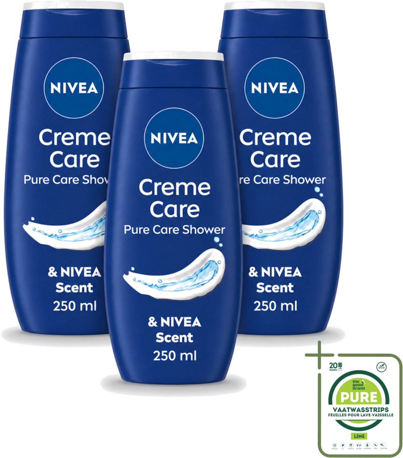 3 x Nivea - Douche Crème - Beschermend - Unieke Nivea Crème Geur - 250 ml - Grootverpakking - Vaatwasstrips - Douchecrème - Huidbescherming - Verzorgende Crème - Hydraterende Crème - NIVEA Geur