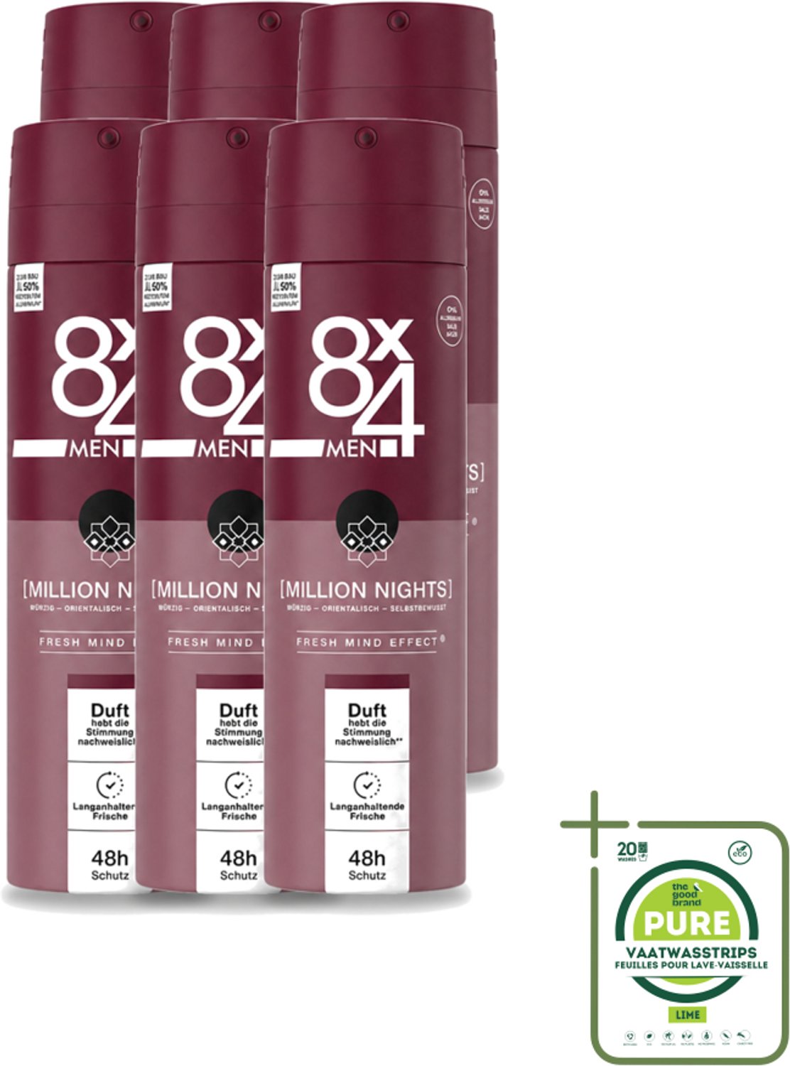 6 x 8 x 4 Deospray Men - No.18 Millions Nights - Deodorant - Voor Heren - 150 ml - Grootverpakking - Vaatwasstrips - Deodorant Voor Heren - Avondgeur - Zweetbestendig - Langdurige Geur - Mannelijke Geur