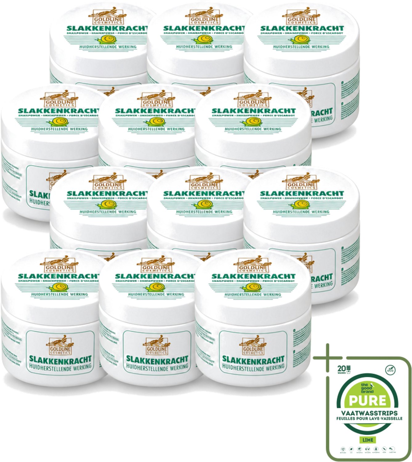 12 x Goldline - Bodycrème - Slakkenkracht - Huidverzorging - Verzachtend - 250 ml - Grootverpakking - Vaatwasstrips - Huidverzorging - Slakkenkracht - Bodycrème - Herstelcrème - Hydratatie