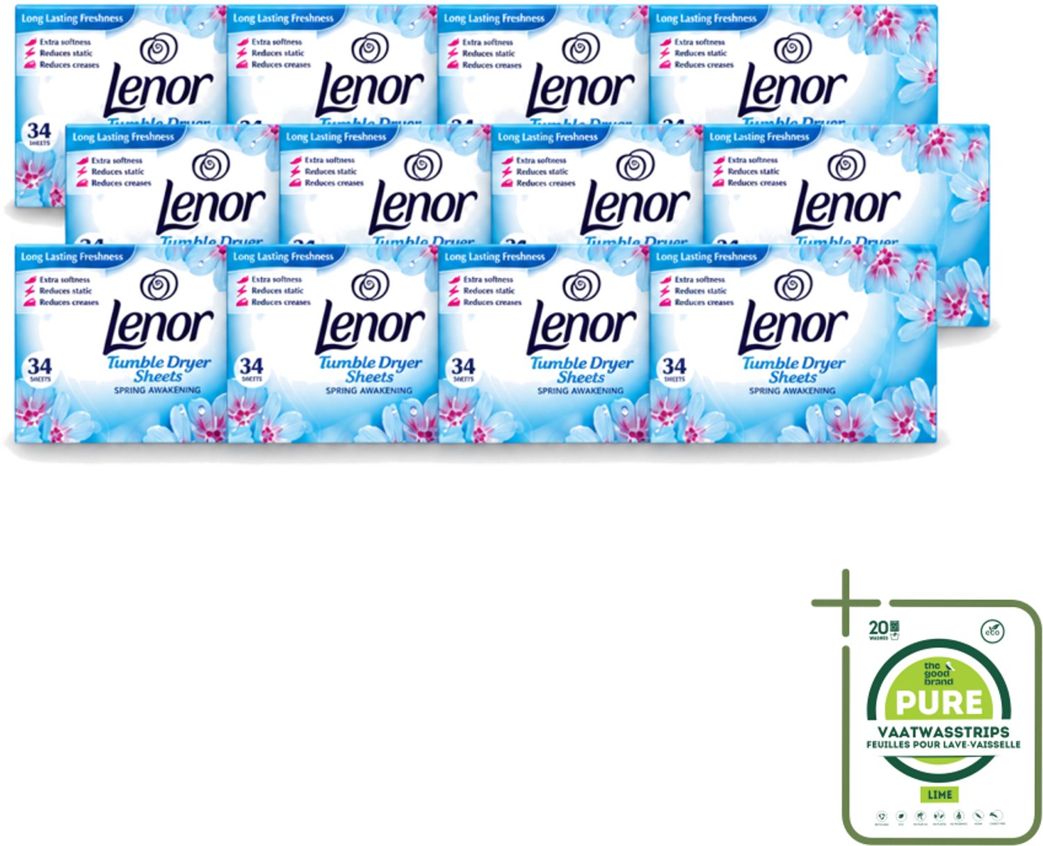 12 x Lenor - Droogtrommeldoekjes - Spring Awakening - 34 Doekjes - Grootverpakking - Vaatwasstrips - Droogtrommeldoekjes - Voorjaar Geur - Droogtrommel Geur - Kleding Fris - Statische Elektriciteit