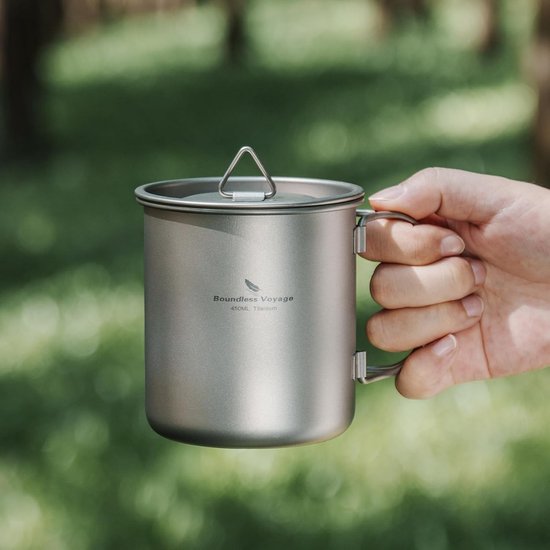 Titanium Camping Pot en Koffie Cup 750ml/900ml/1100ml/1250ml met Deksel en Opvouwbare Handgreep voor Buitenactiviteiten, Survival, Picknicken en Hiking — afbeelding 2