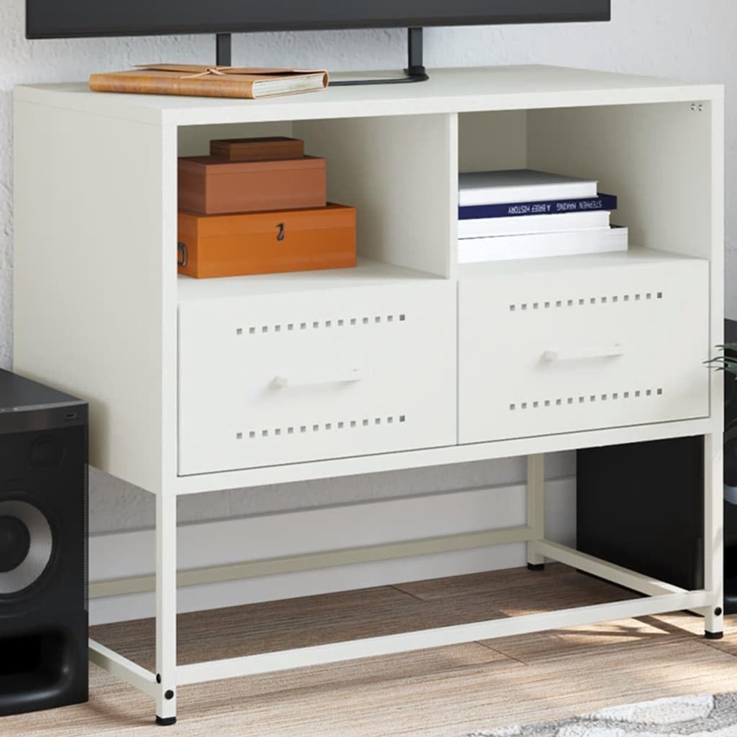 TV-kast, wit, tv-rek, multifunctionele tv-standaard voor woonkamer, werkkamer, 68 x 39 x 60,5 cm, staal