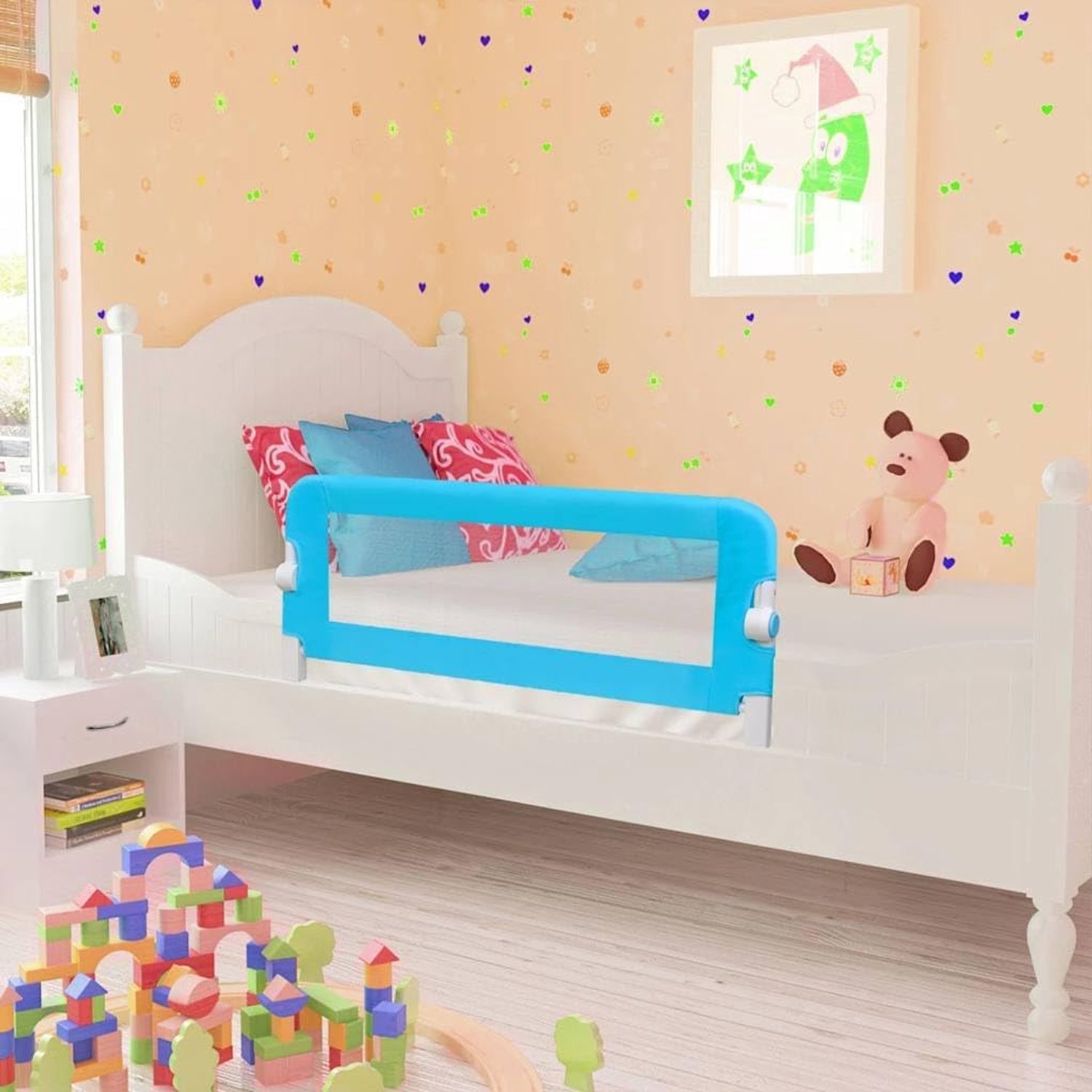 Bedhekje voor kleine kinderen, set van 2, blauw, 102 x 42 cm, inklapbaar bedhekje met knop voor matrassen van 10-20 cm, wasbaar polyesterweefsel en metalen slang, eenvoudige montage