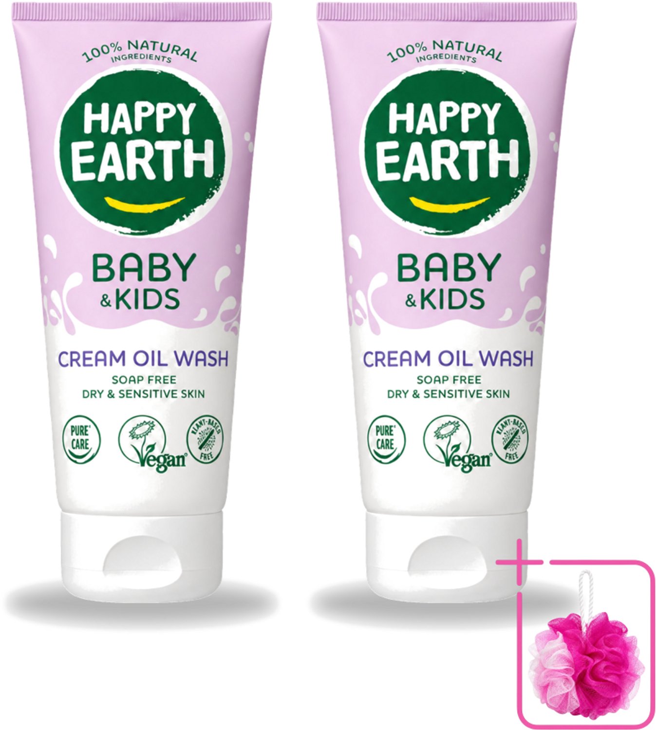 2 x Happy Earth – Cream Oil Wash – 100% Natuurlijk Baby & Kids – 200 ml - Bulkverpakking - Babyolie - Douchemop - Gezichtsolie